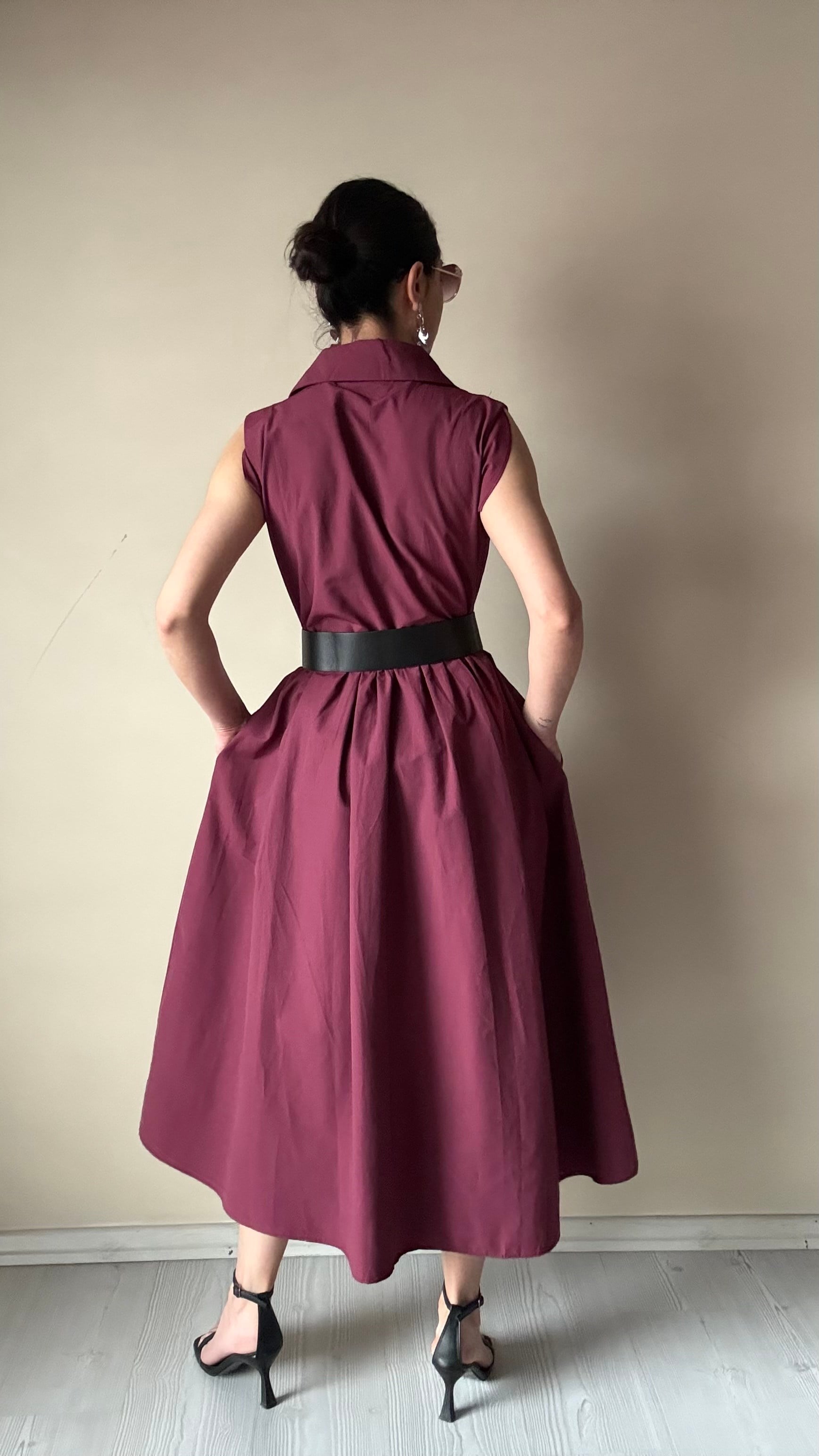 Bordo Kemerli Pamuklu Poplin Elbise
