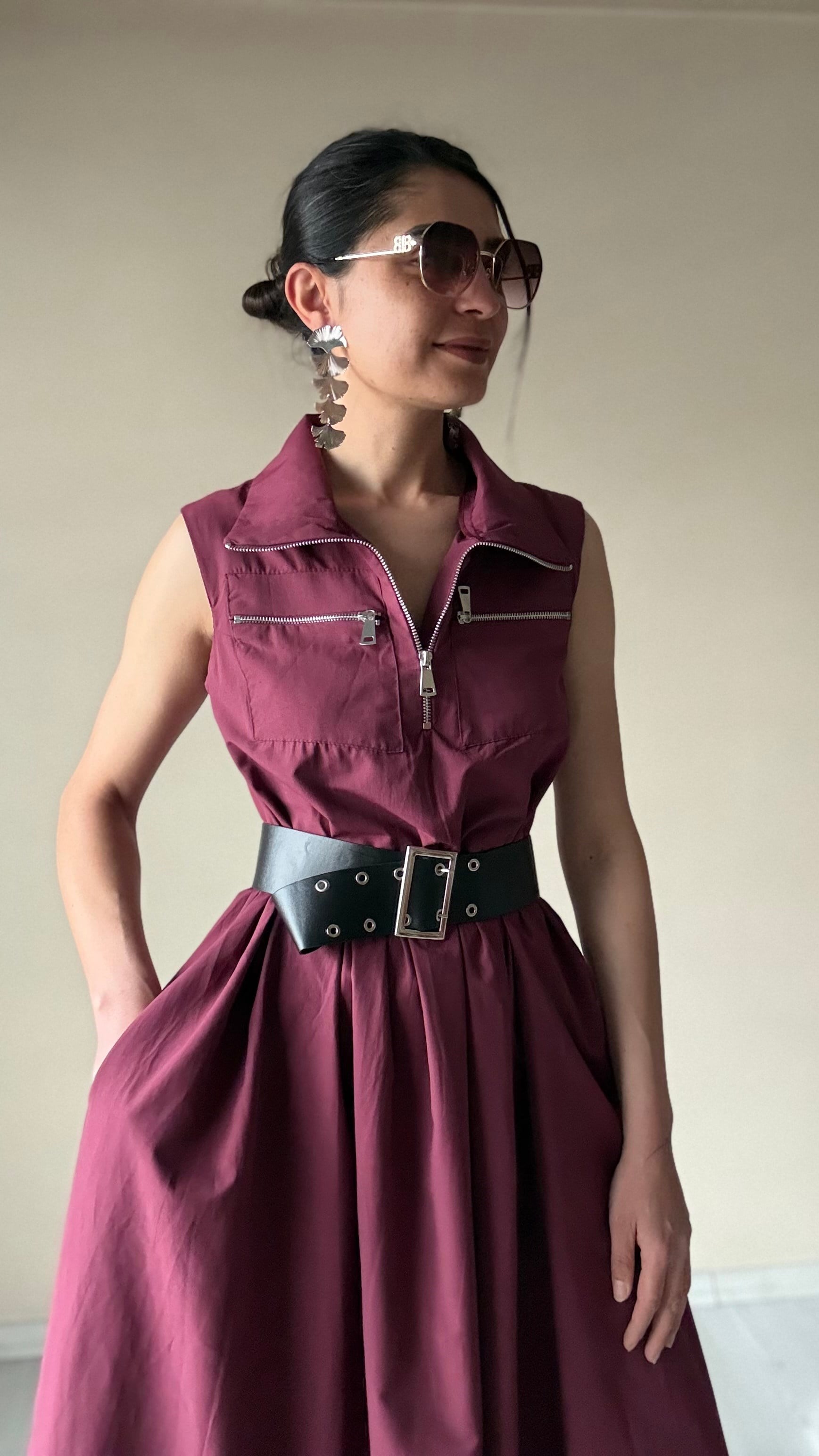 Bordo Kemerli Pamuklu Poplin Elbise