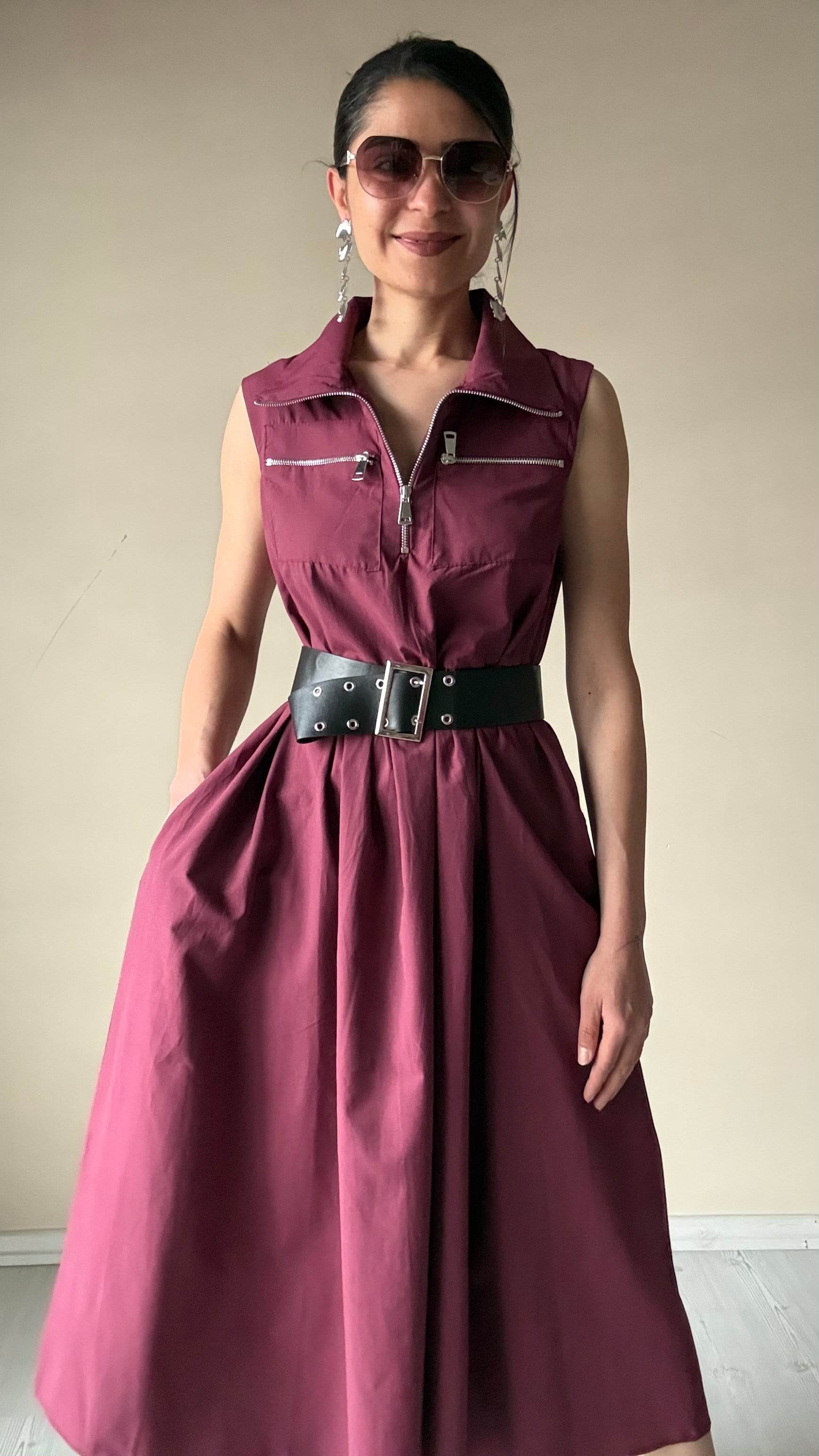 Bordo Kemerli Pamuklu Poplin Elbise