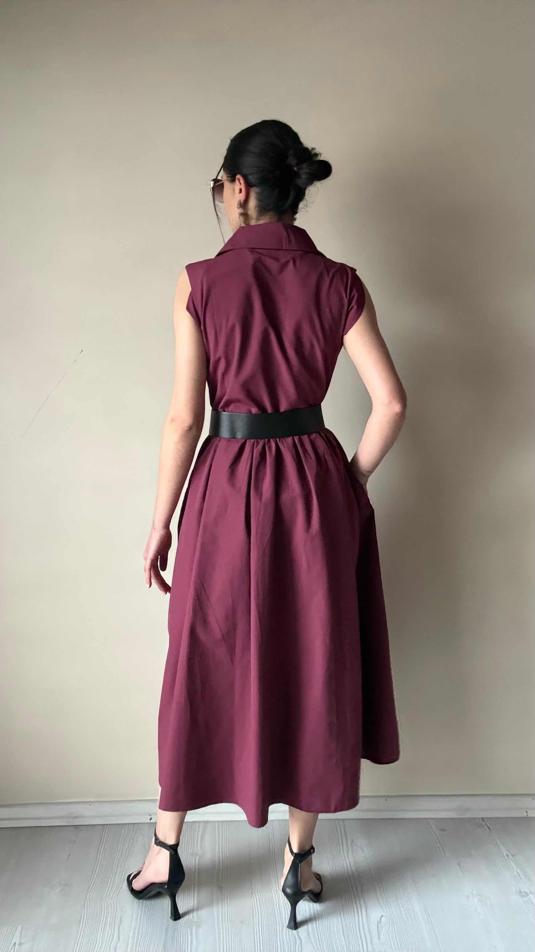 Bordo Kemerli Pamuklu Poplin Elbise