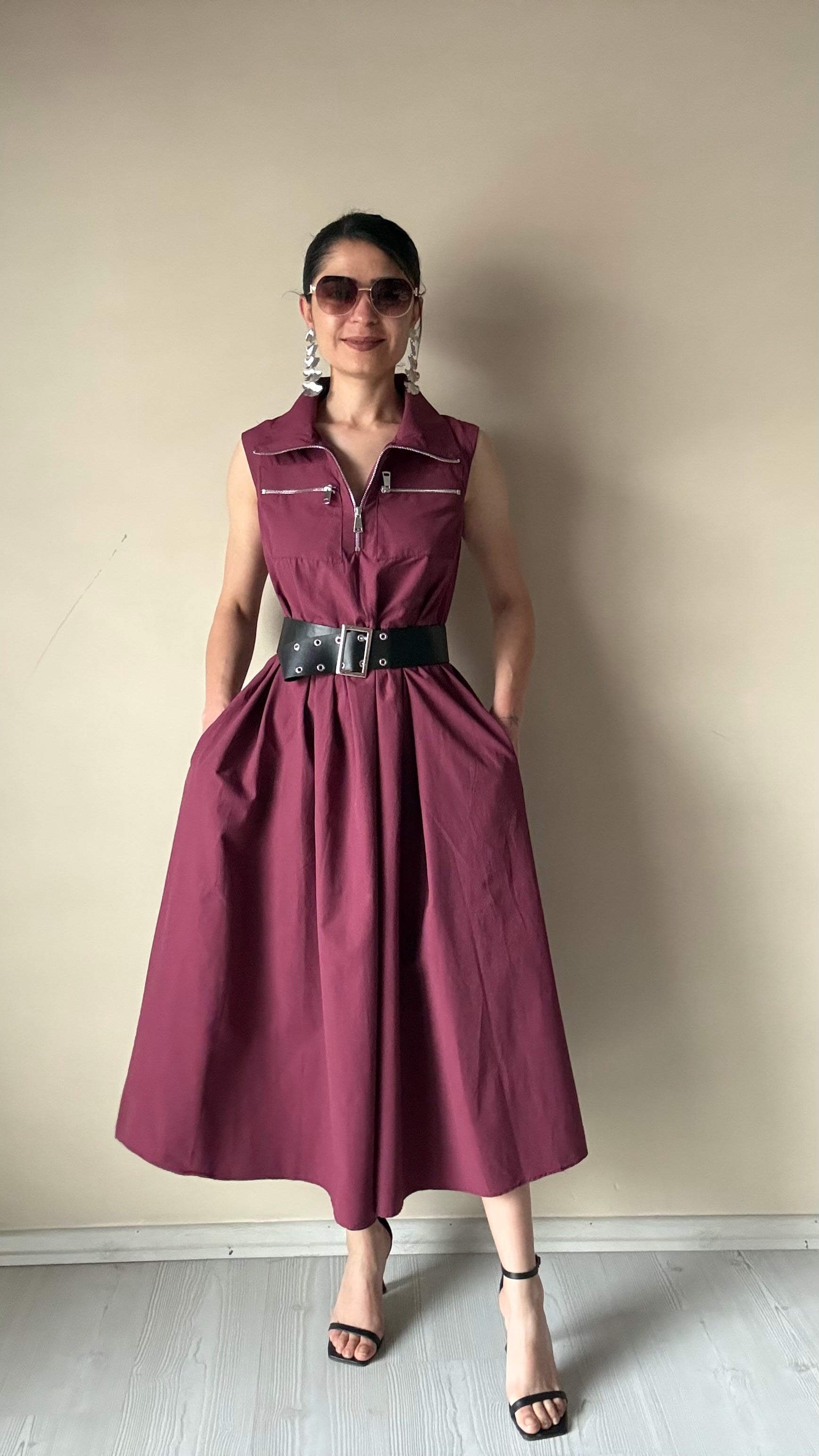 Bordo Kemerli Pamuklu Poplin Elbise