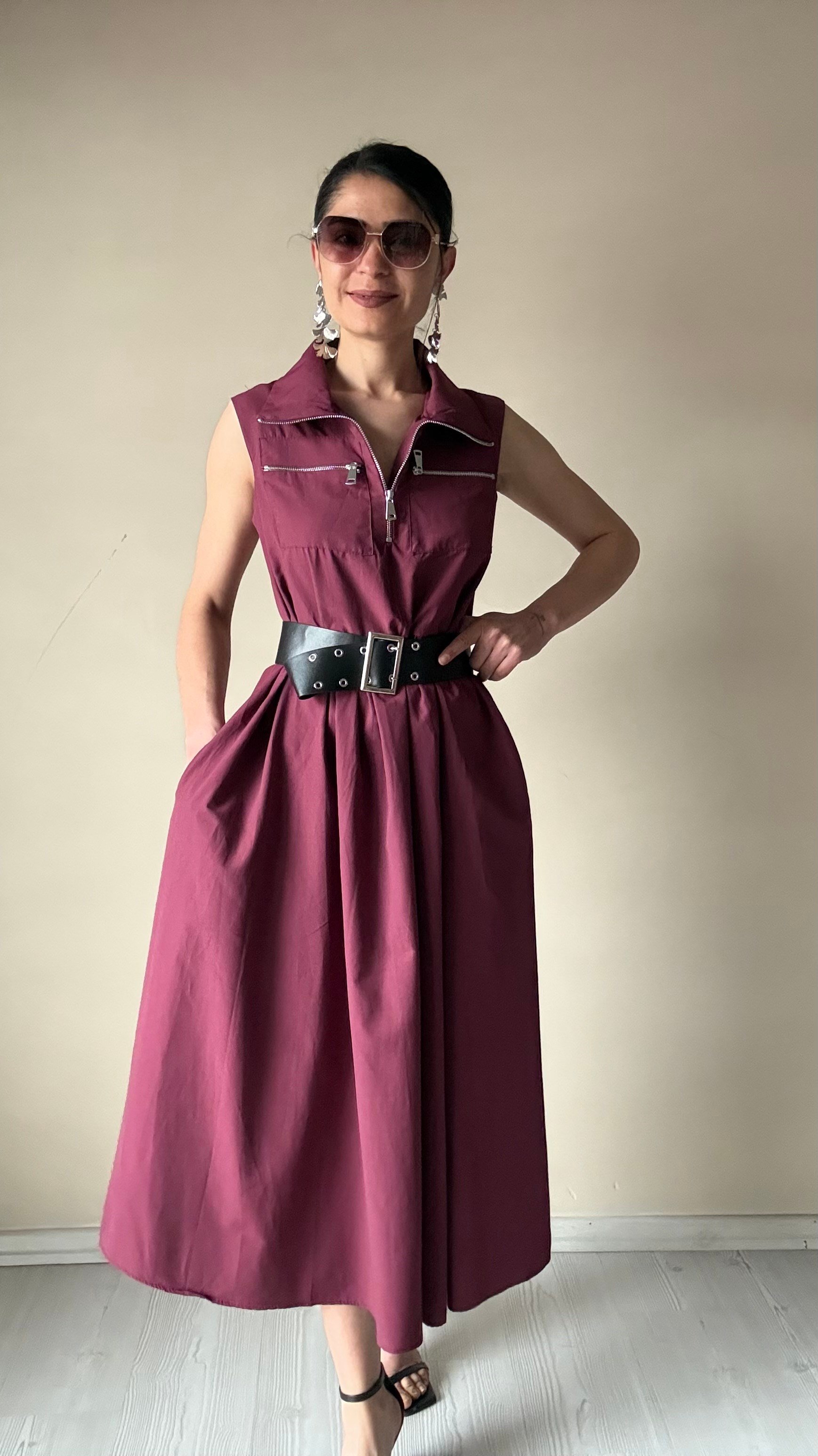 Bordo Kemerli Pamuklu Poplin Elbise