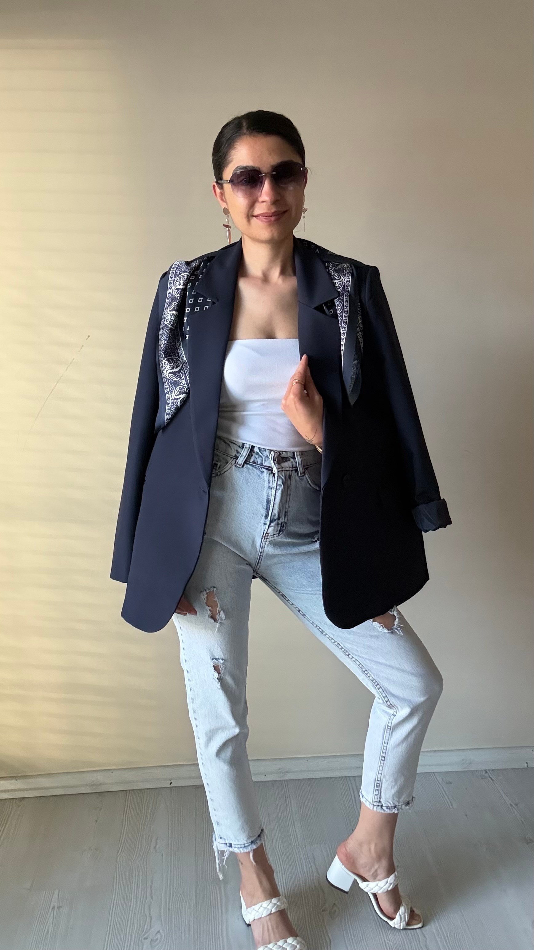 Fular Detay Lacivert Blazer Ceket