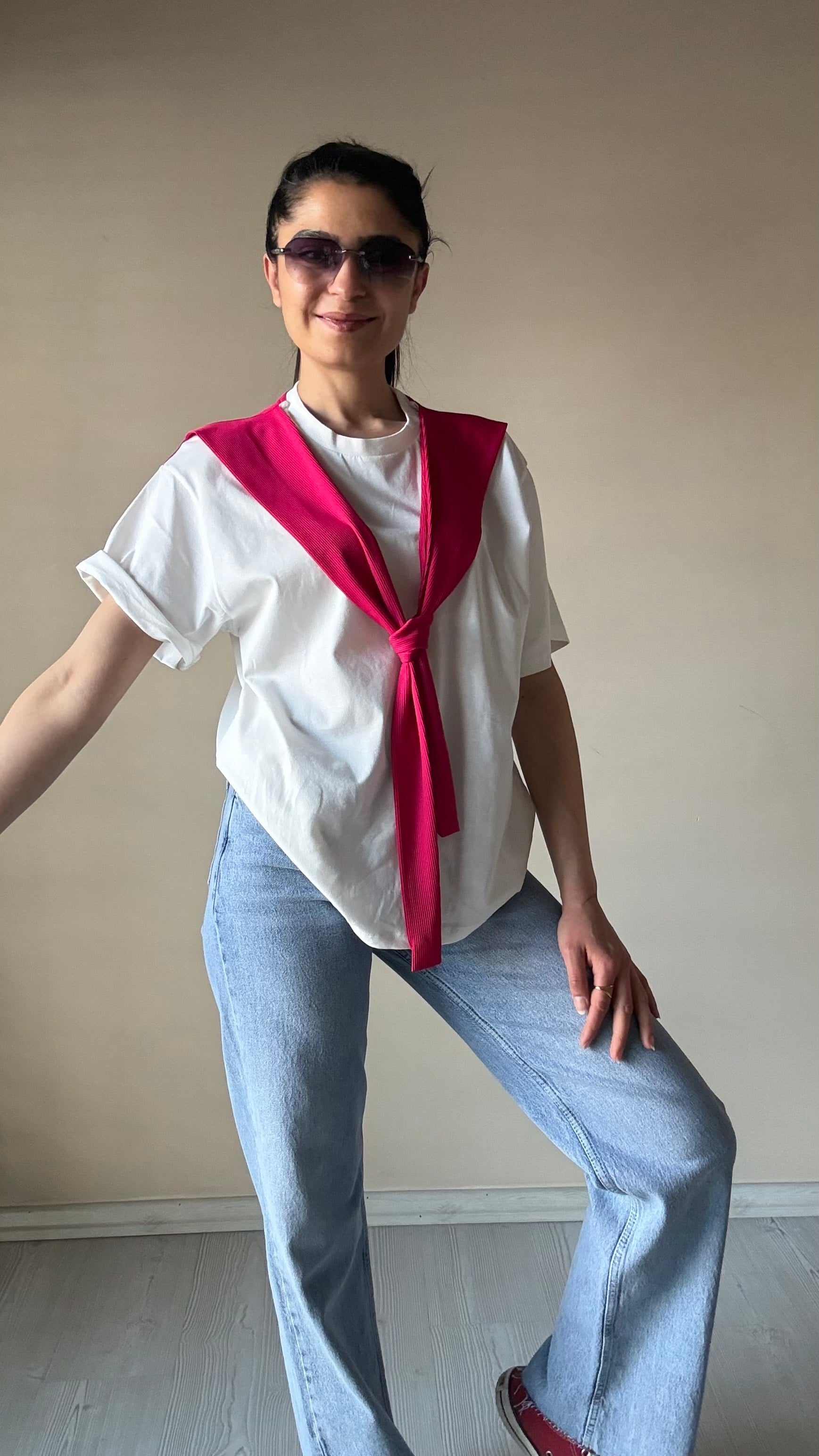 Fuşya pembe Kaşkorse Detay Basic Tshırt 