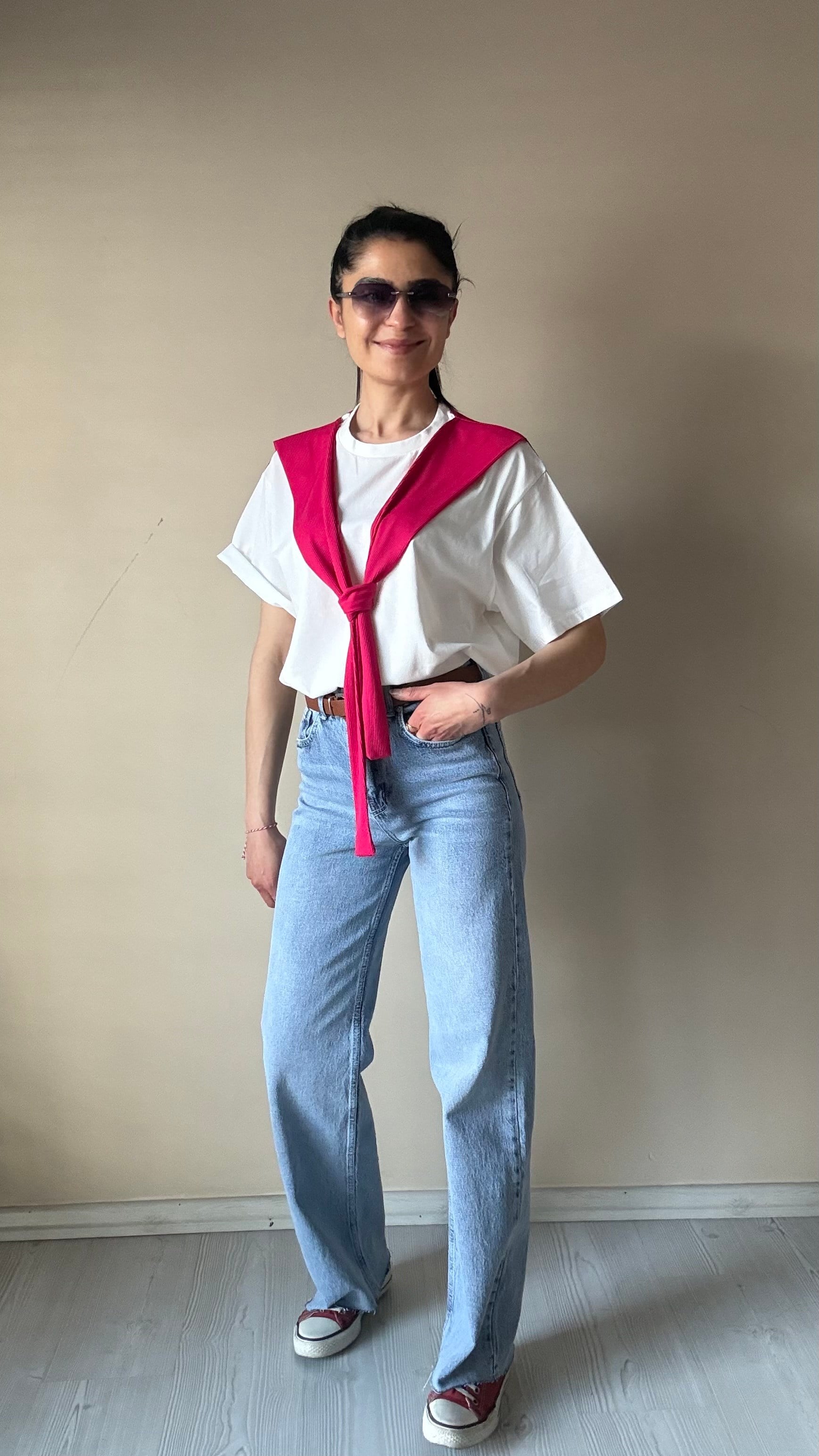 Fuşya pembe Kaşkorse Detay Basic Tshırt 