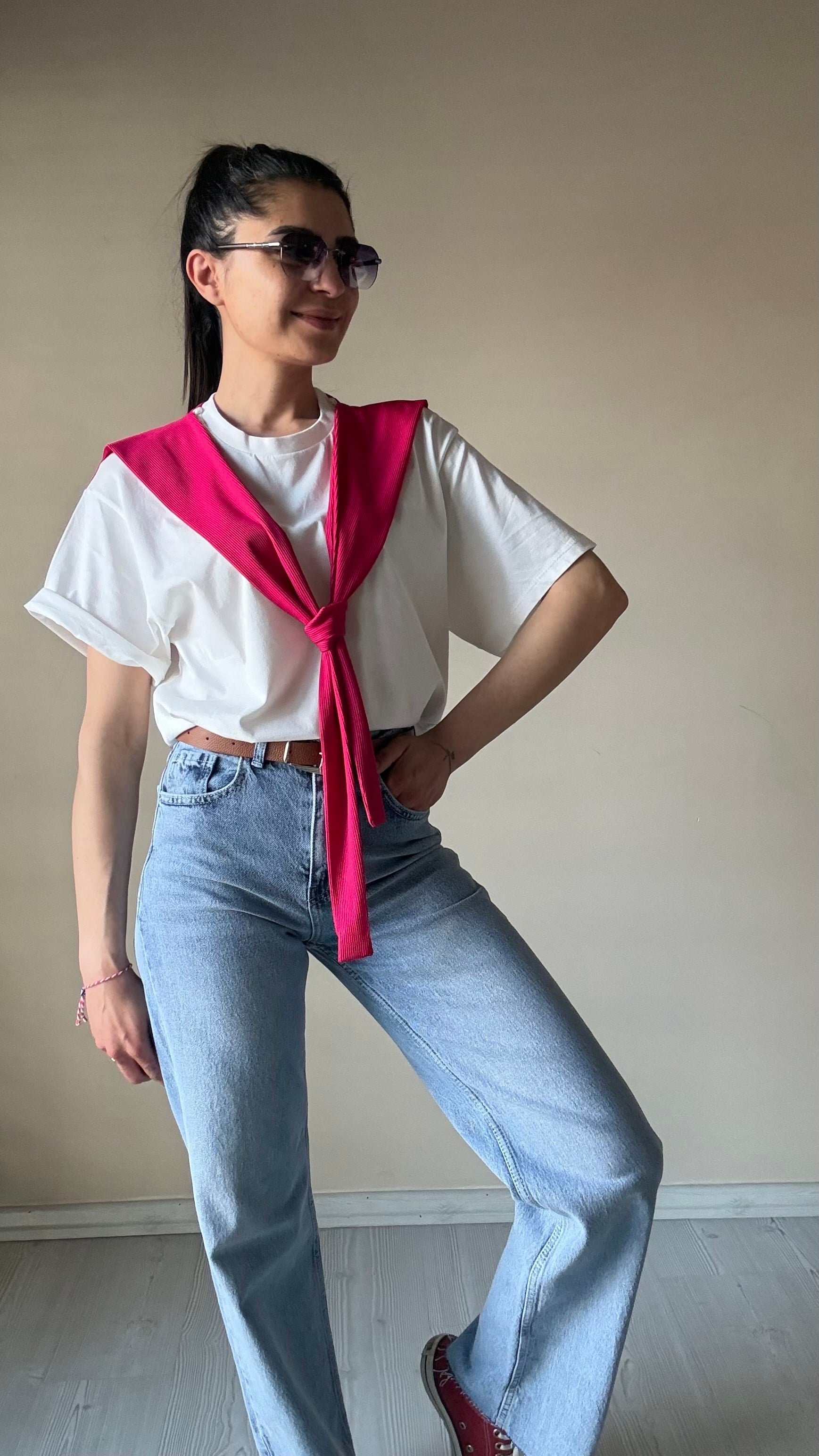 Fuşya pembe Kaşkorse Detay Basic Tshırt 