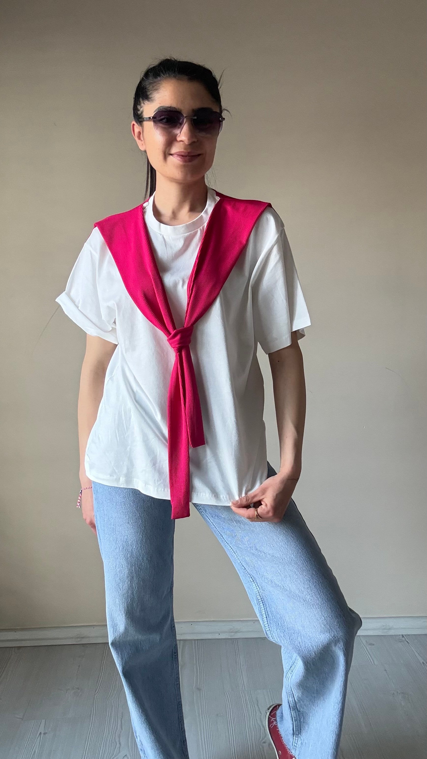 Fuşya pembe Kaşkorse Detay Basic Tshırt 