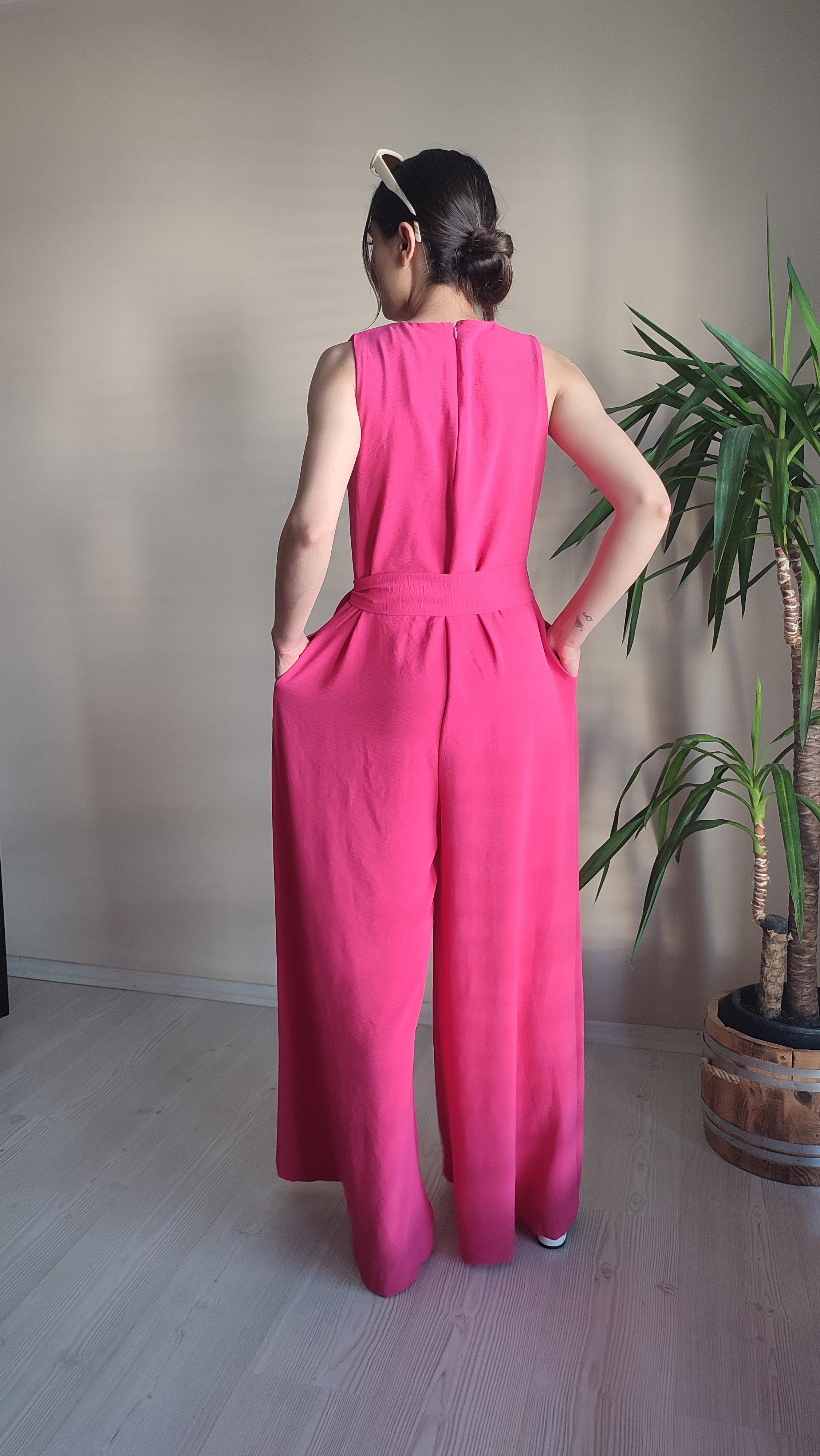 Fuşya pembe kolsuz kuşaklı Tulum 