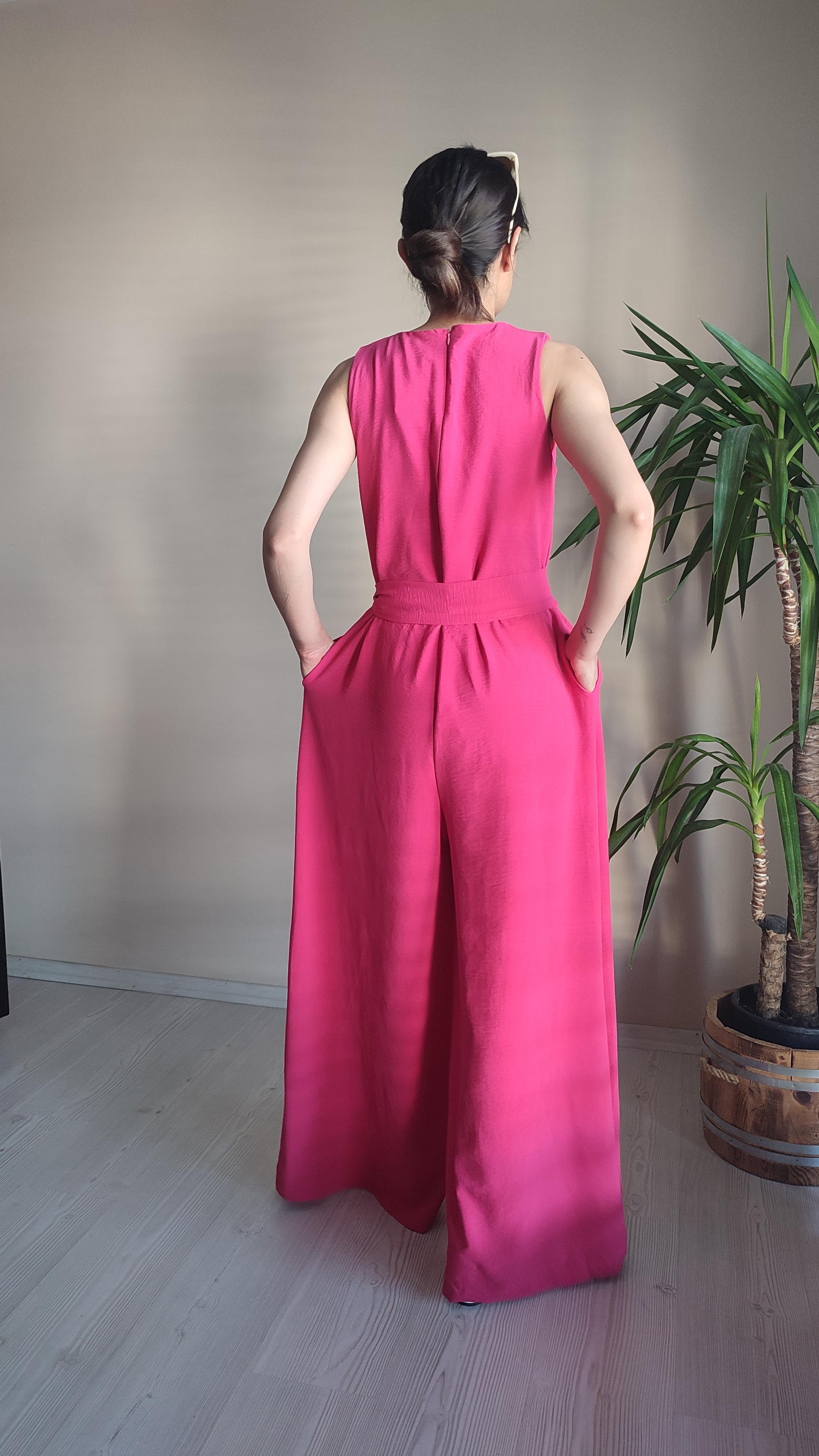 Fuşya pembe kolsuz kuşaklı Tulum 