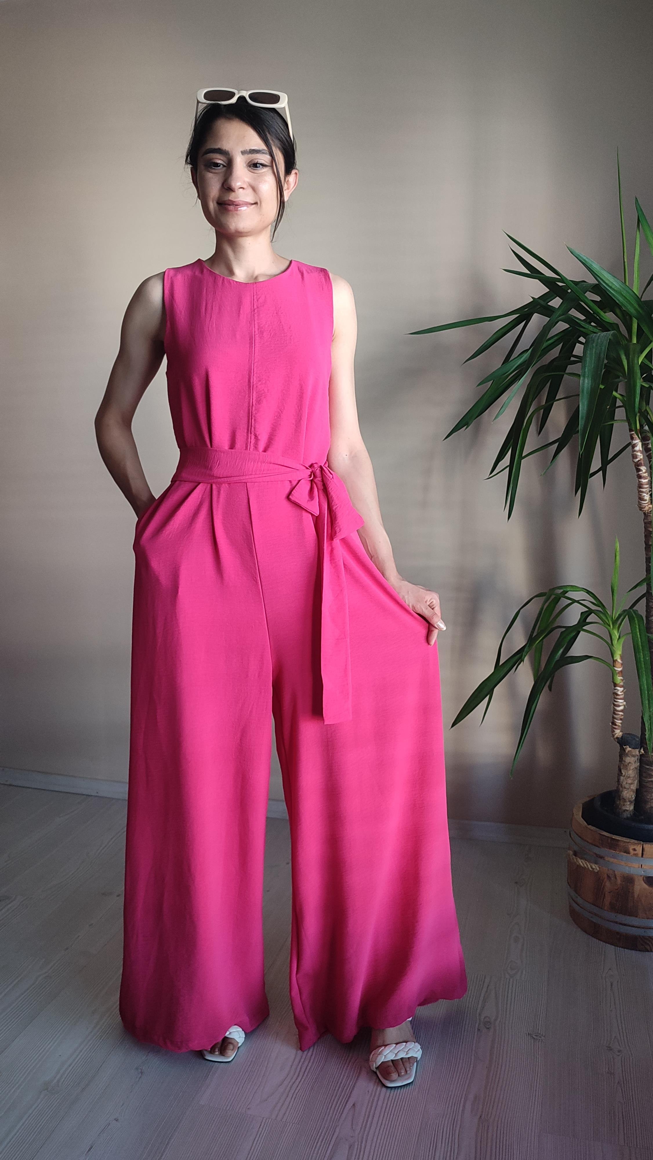 Fuşya pembe kolsuz kuşaklı Tulum 