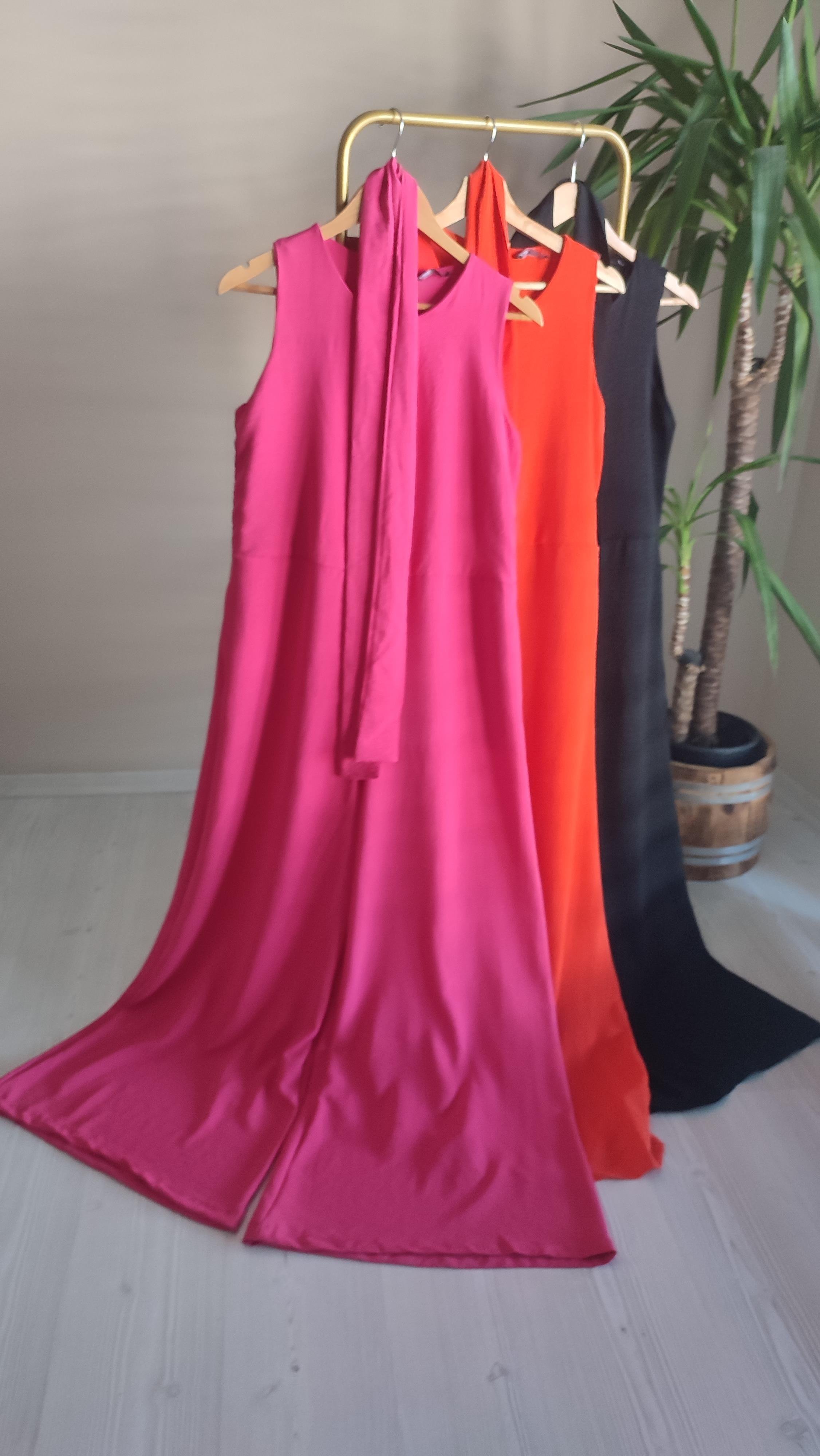 Fuşya pembe kolsuz kuşaklı Tulum 