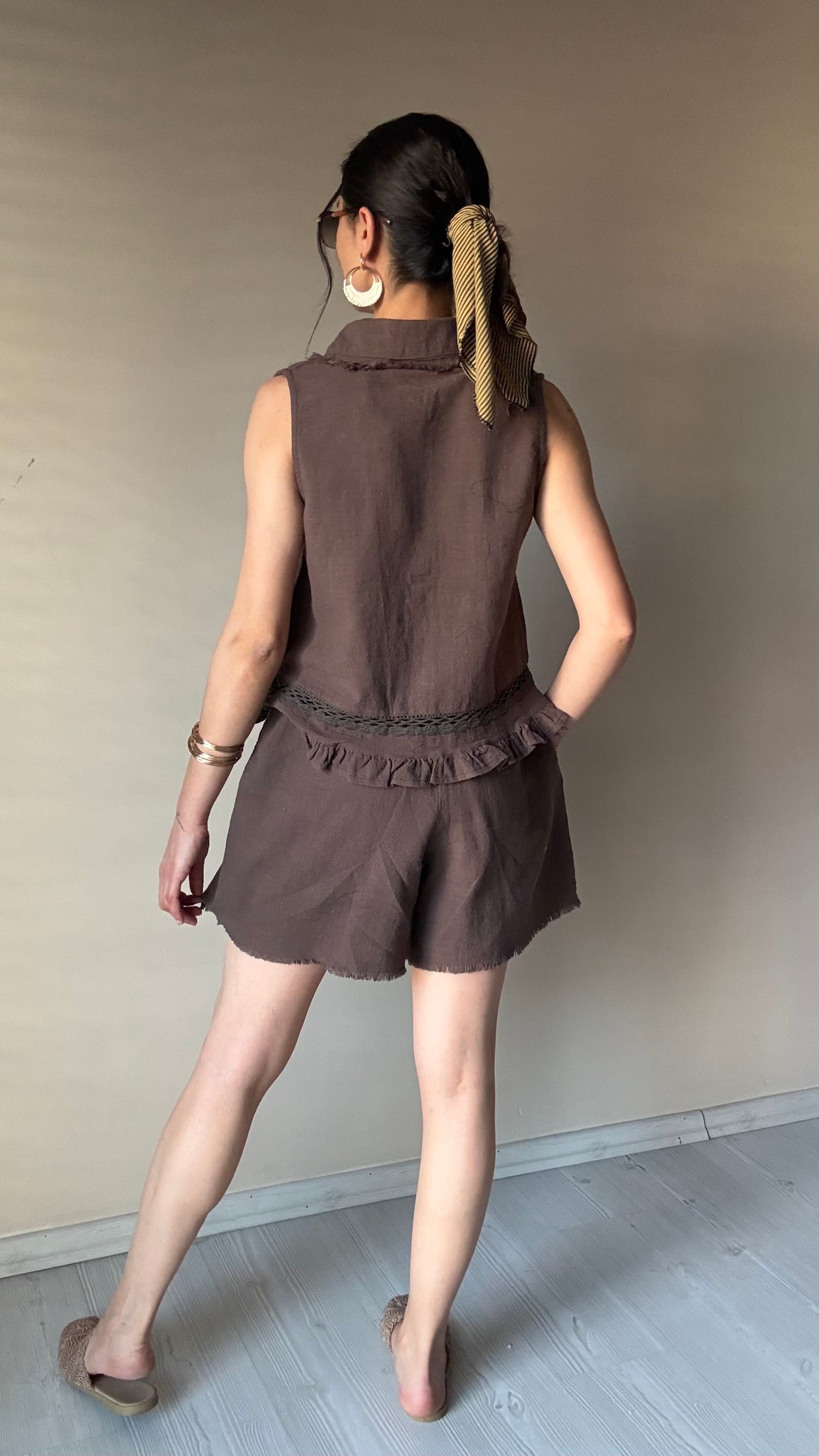 Kahve Keten Şortlu Takım