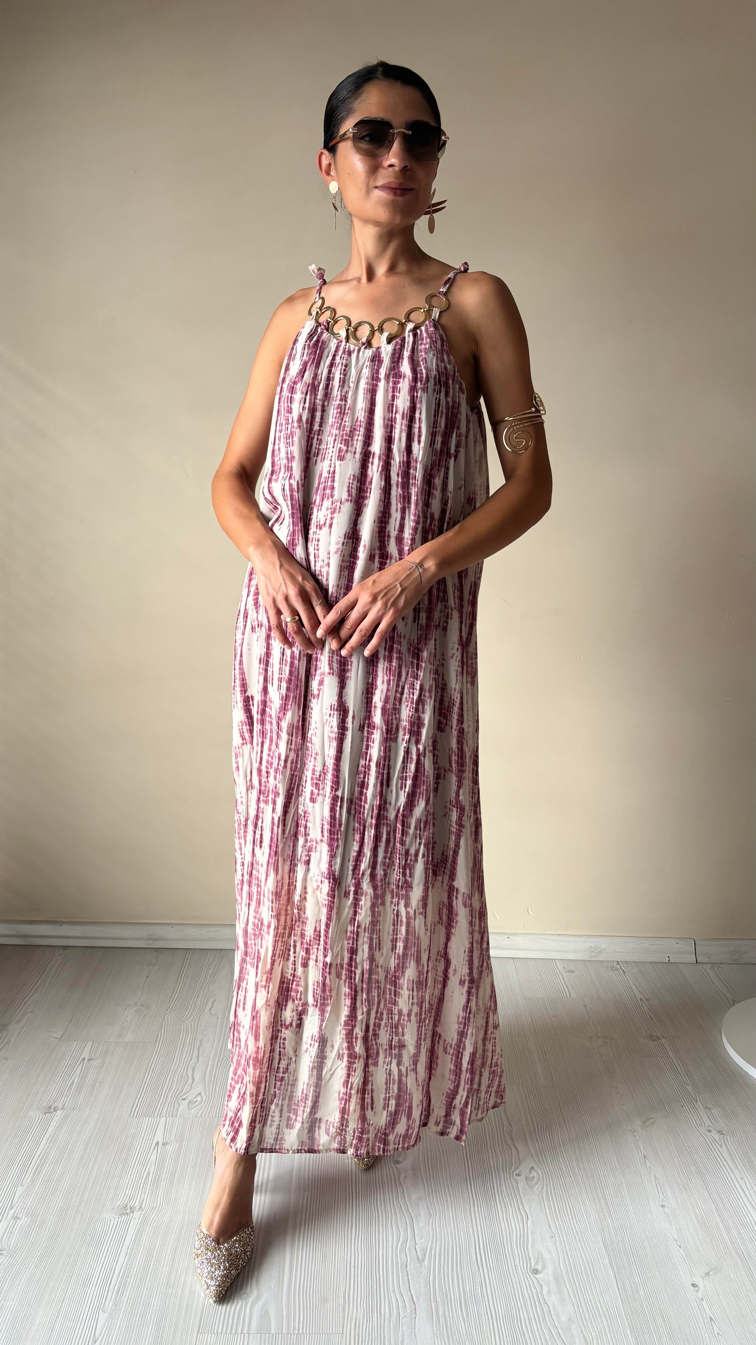 Kolyeli mürdüm Şifon Elbise 