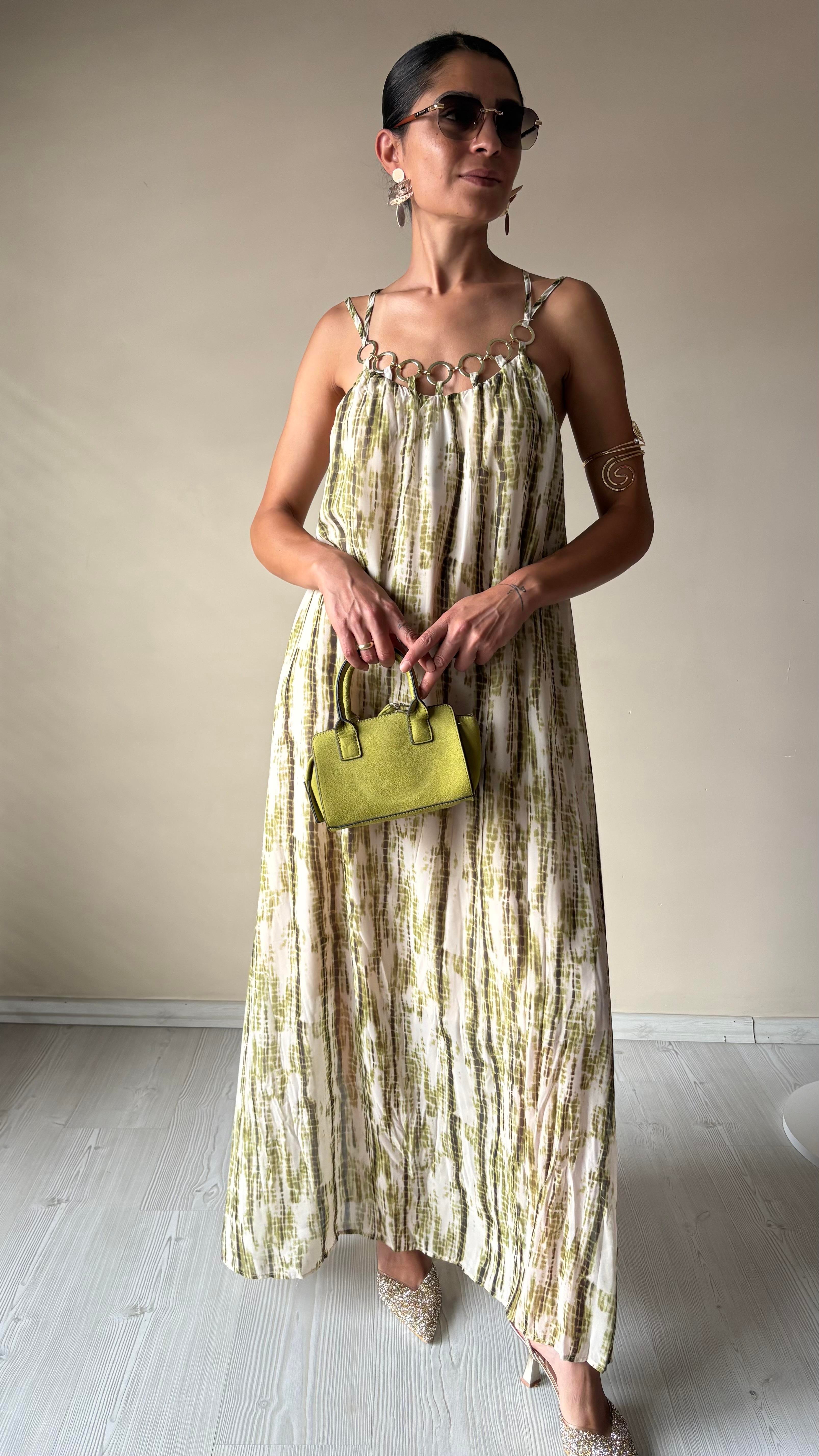 Kolyeli yeşil Şifon Elbise