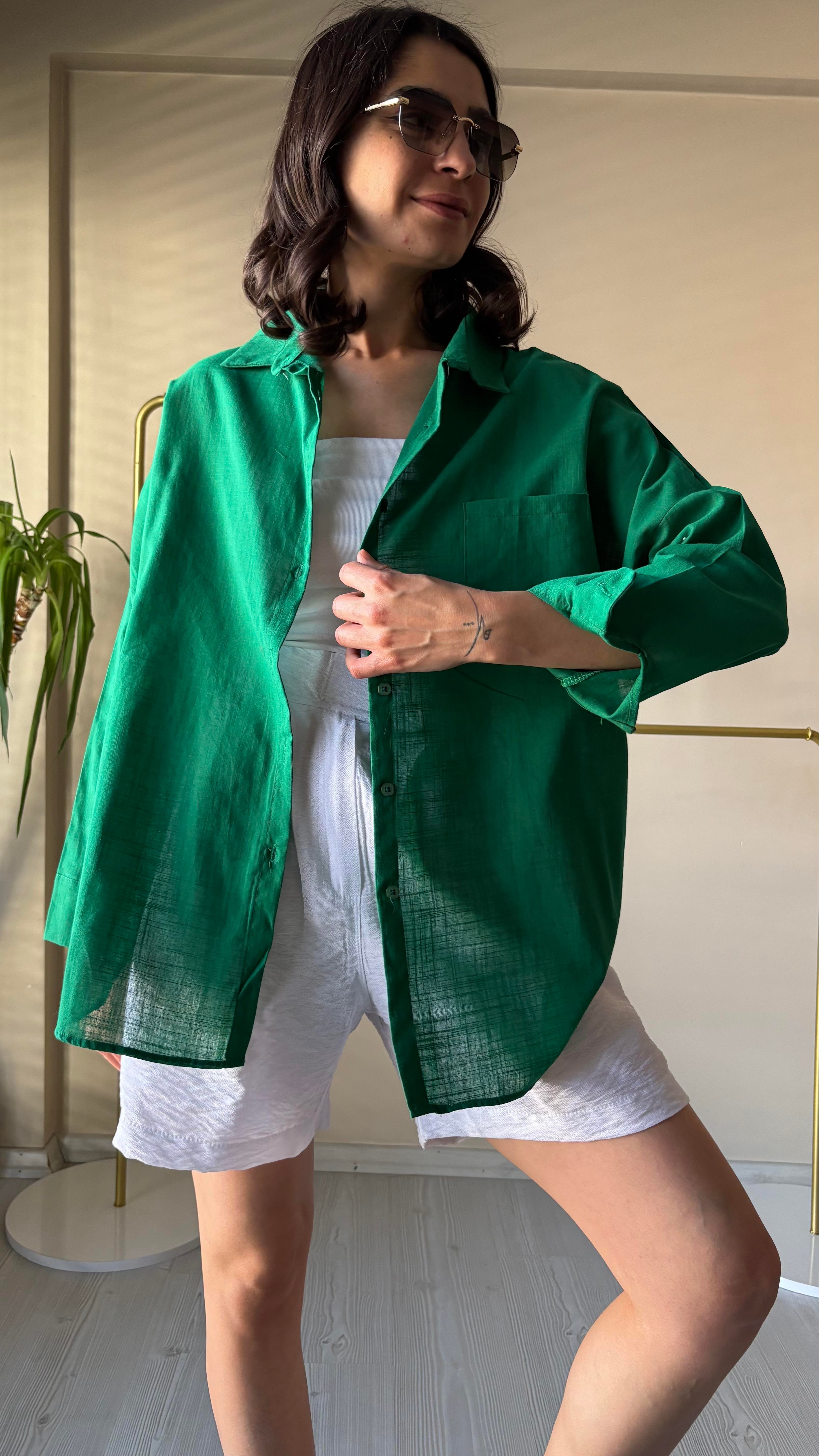 Koyu yeşil Oversize Keten Gömlek