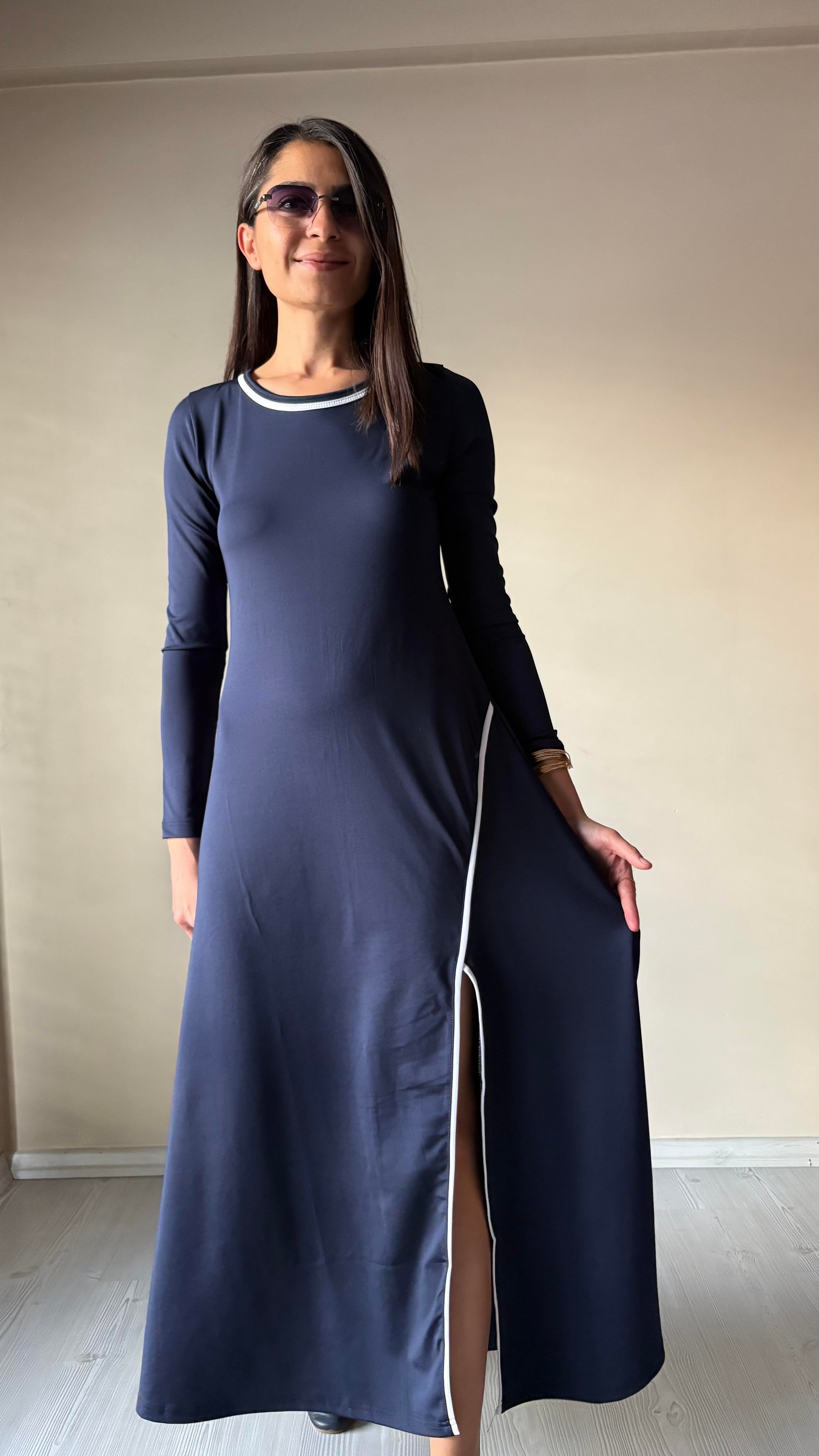 Lacivert Dalgıç Yaka Biyeli Elbise 