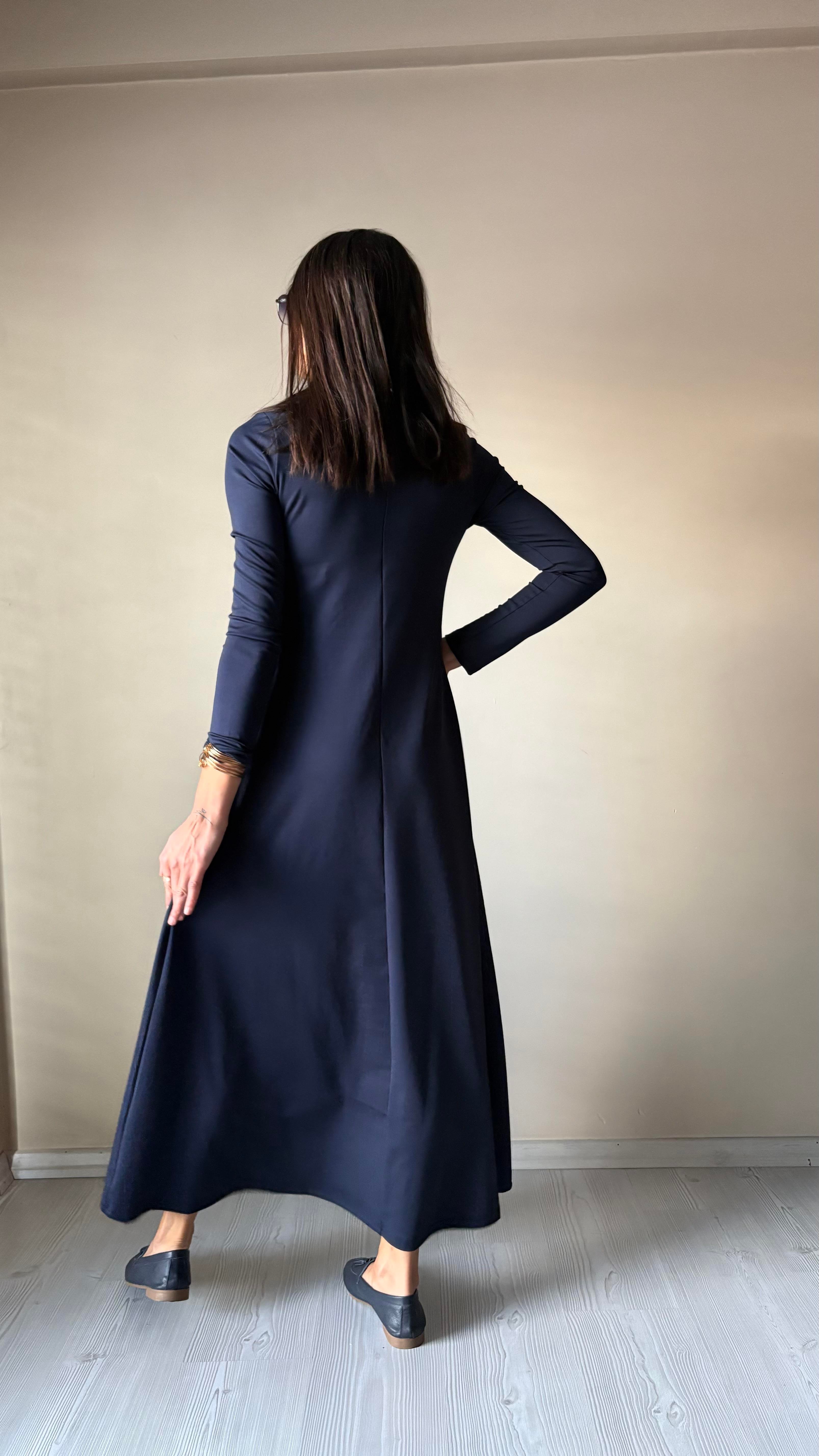 Lacivert Dalgıç Yaka Biyeli Elbise 