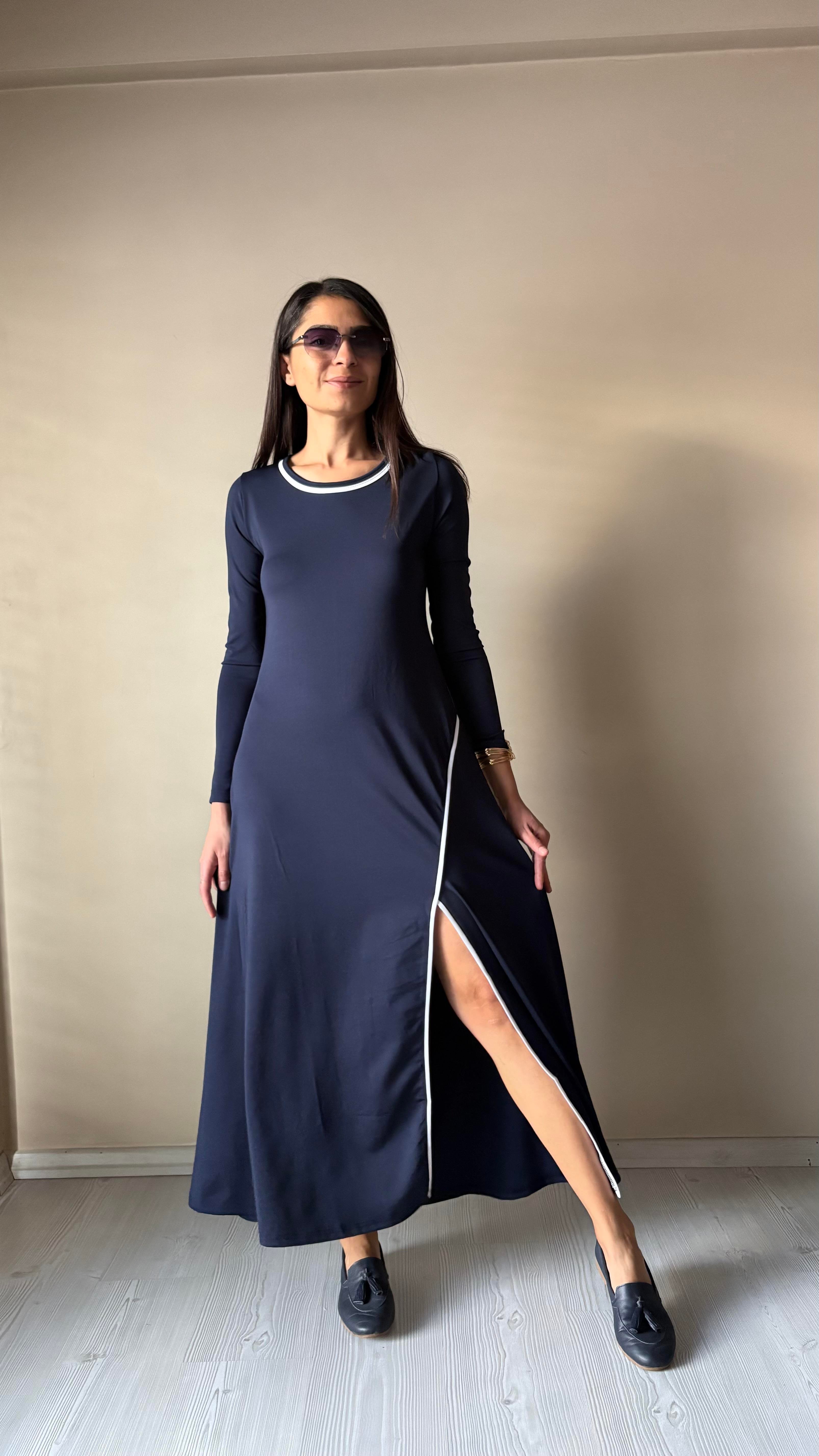 Lacivert Dalgıç Yaka Biyeli Elbise 