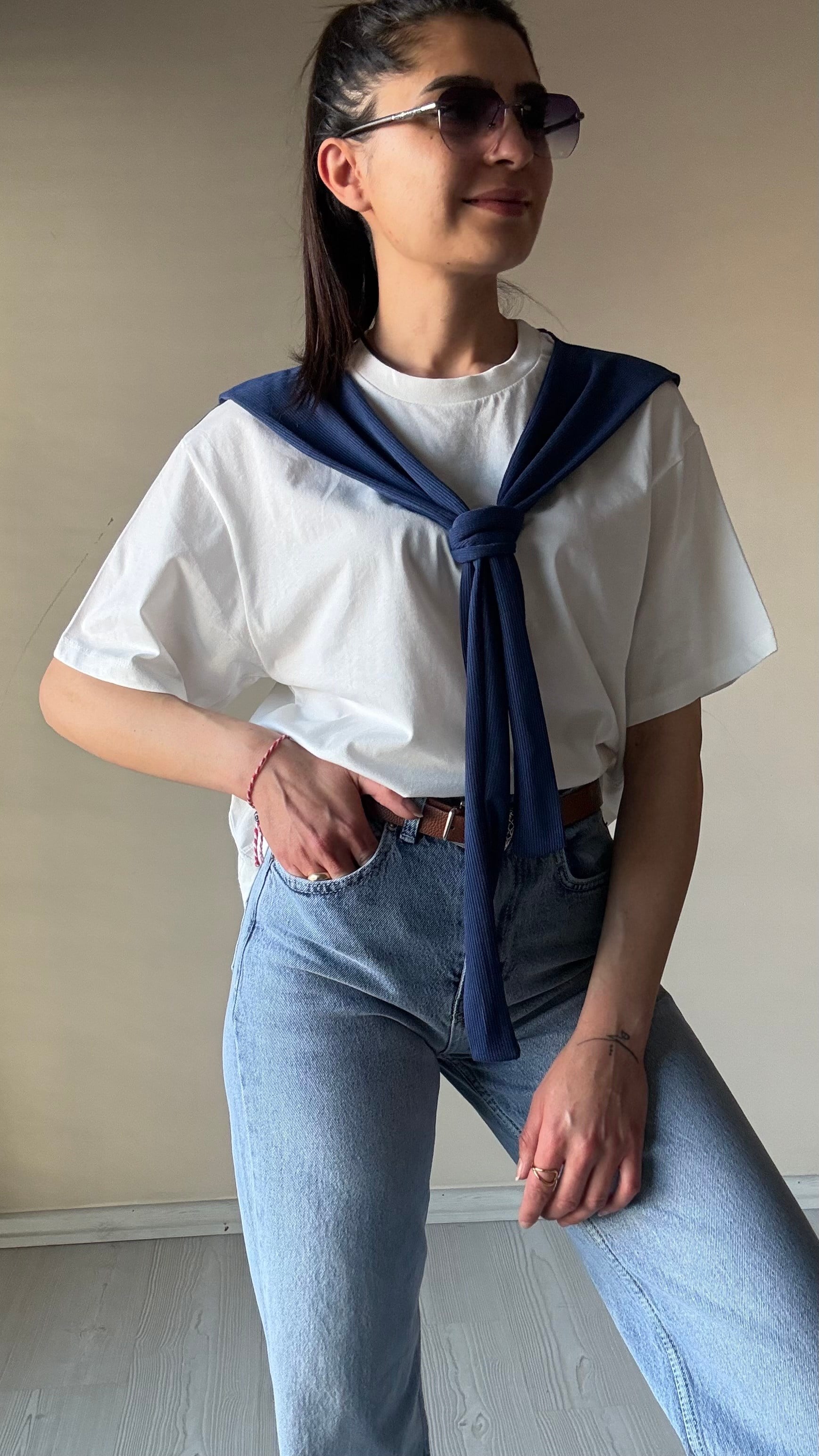 Lacivert Kaşkorse Parça Detay Basic Tshırt 