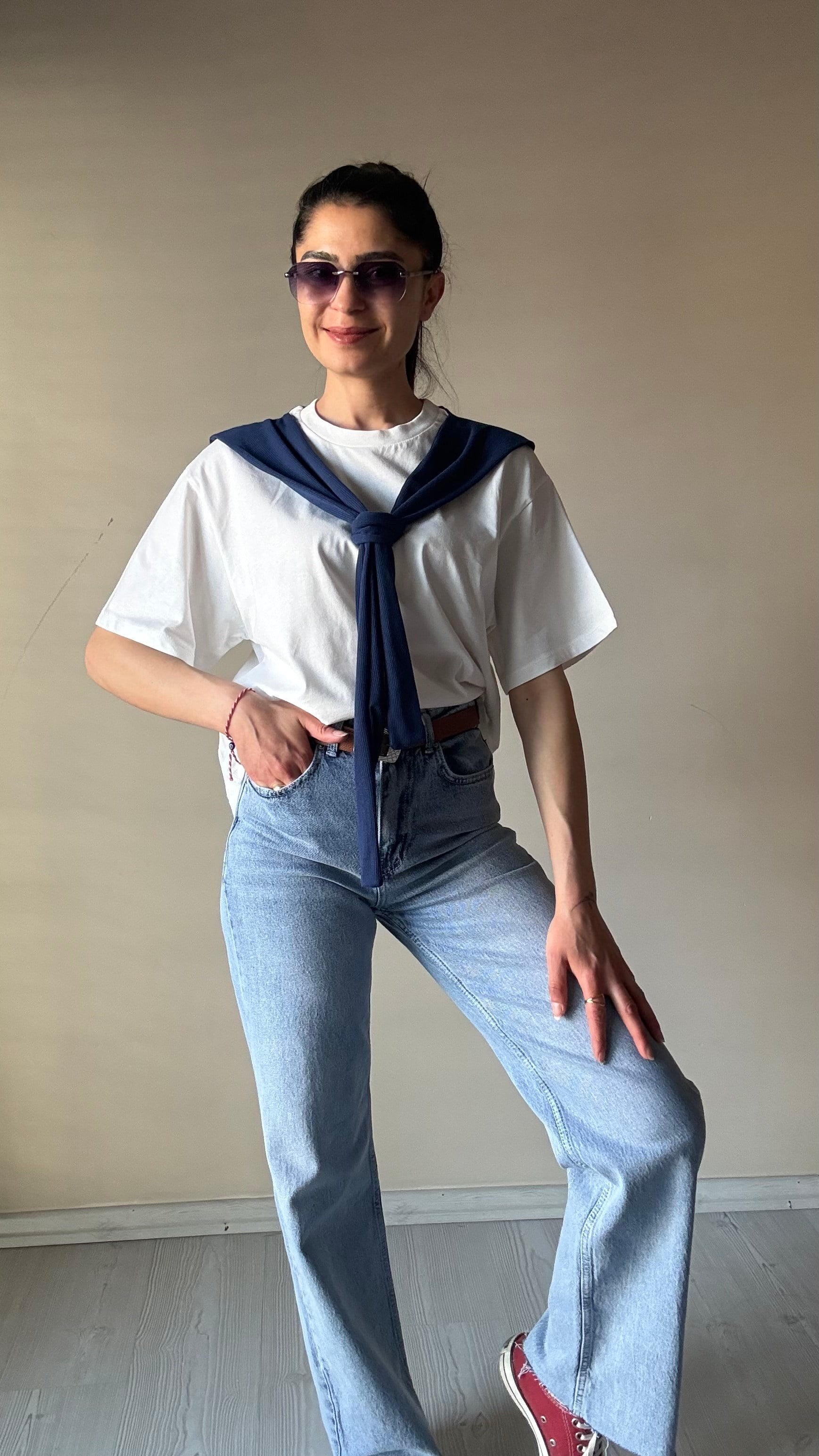 Lacivert Kaşkorse Parça Detay Basic Tshırt 