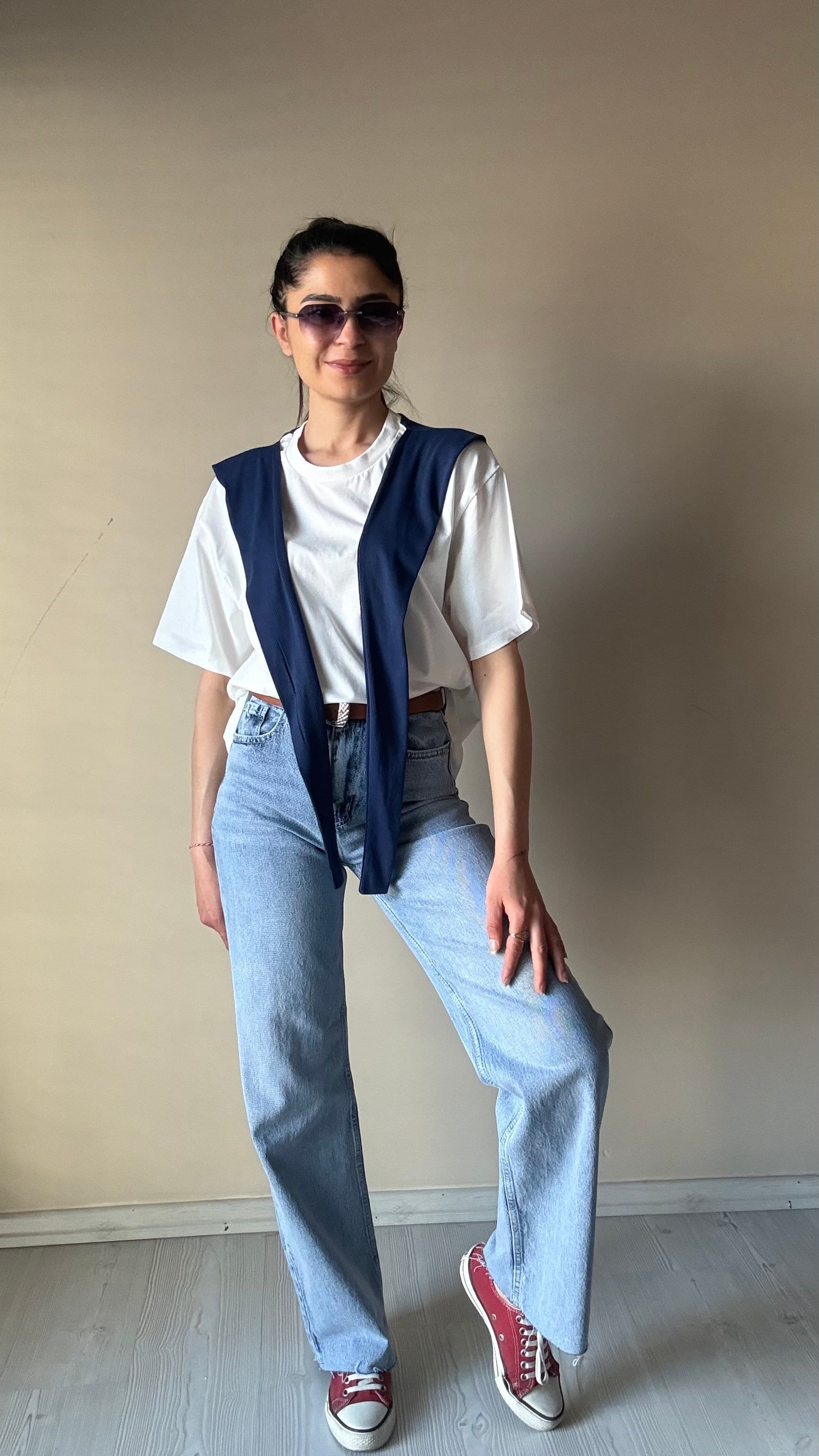 Lacivert Kaşkorse Parça Detay Basic Tshırt 