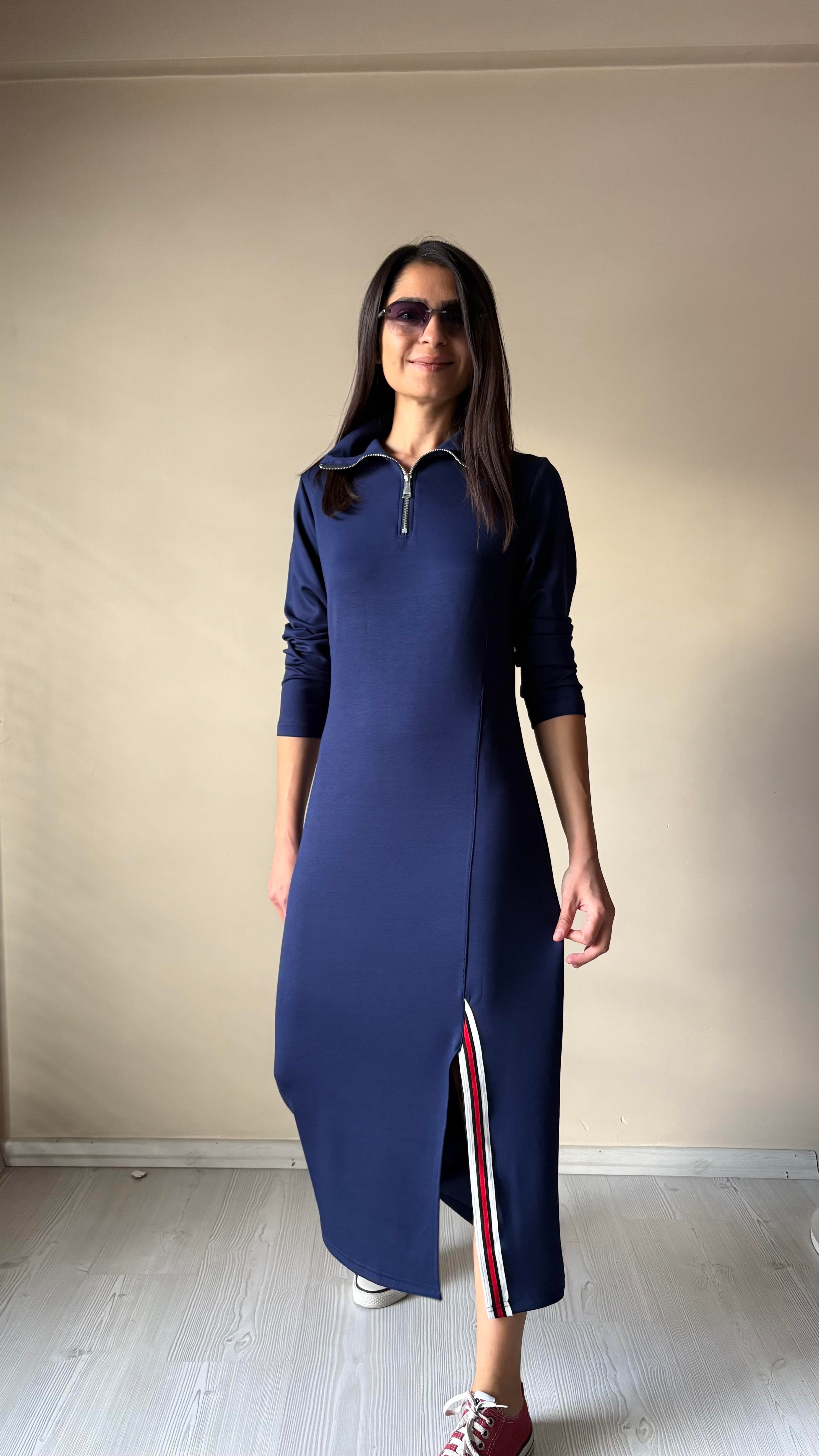 Lacivert Modal şerit Yırtmaçlı midi Elbise