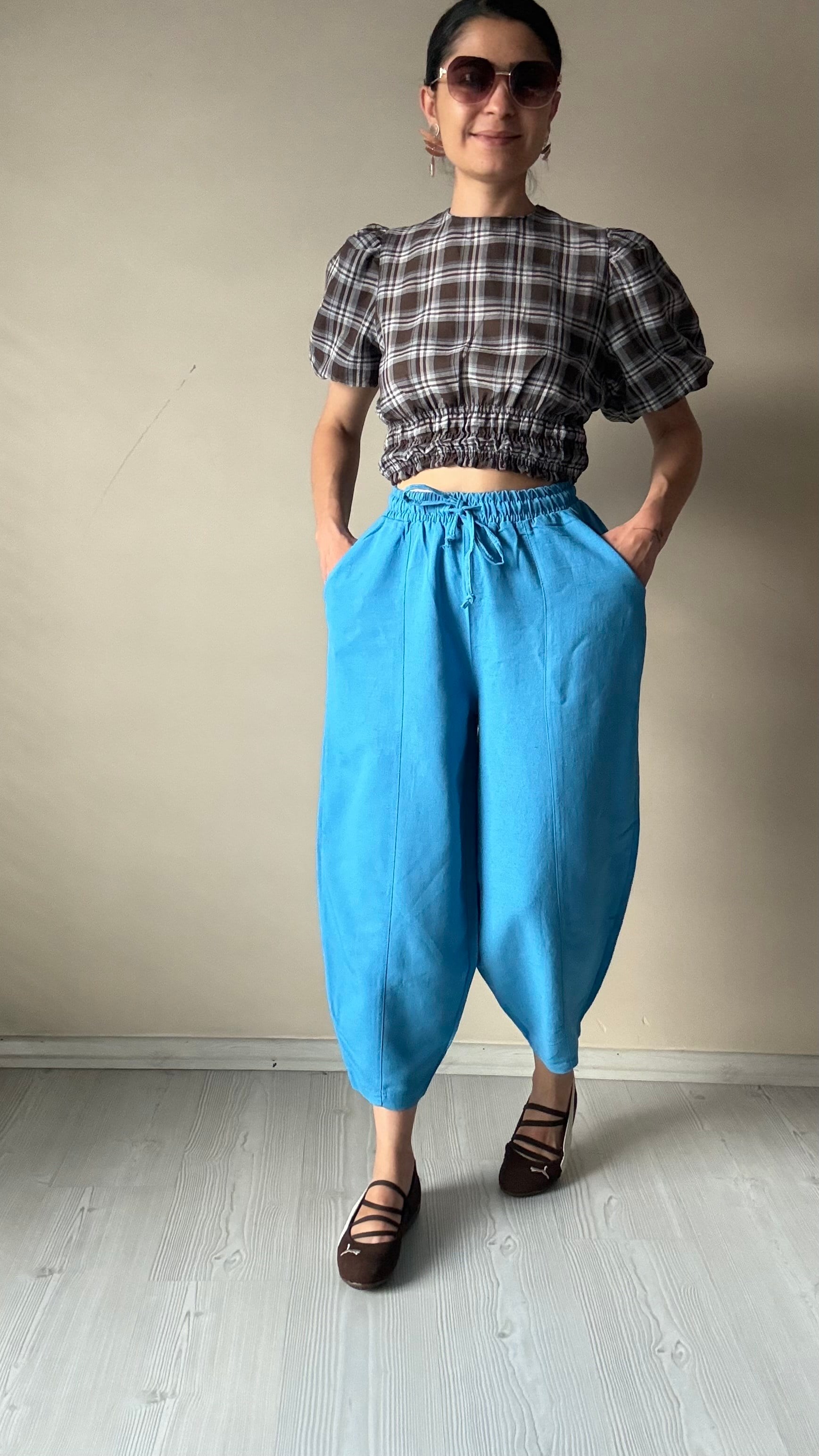 Mavi Keten Şalvar Pantolon 