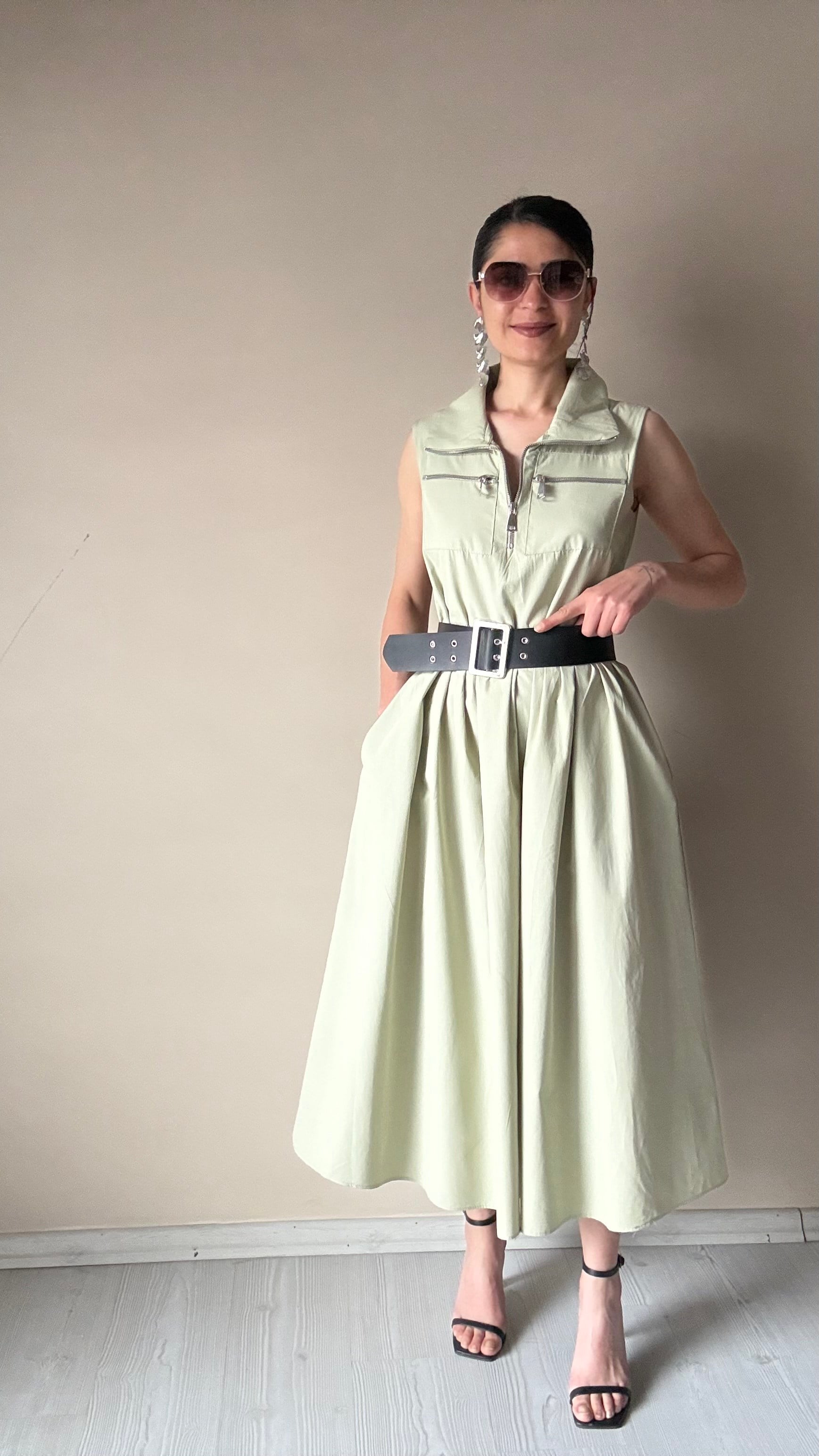Mint Yeşil Kemerli Pamuklu Poplin Elbise 