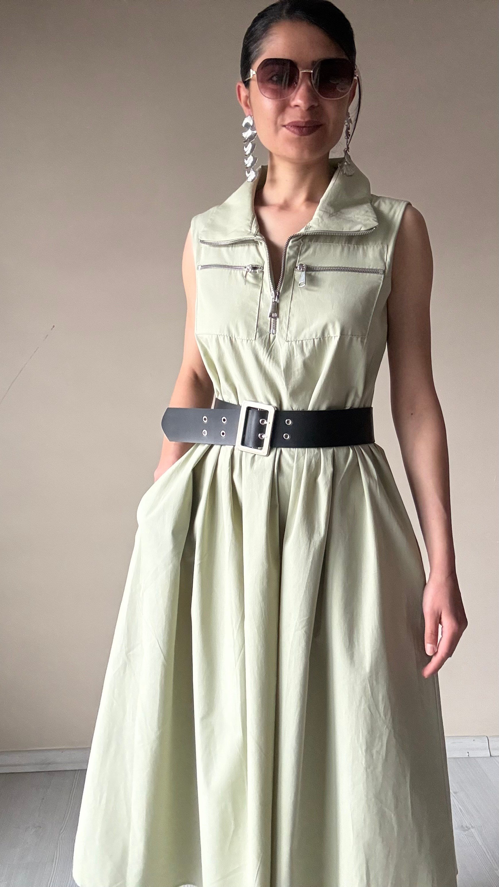 Mint Yeşil Kemerli Pamuklu Poplin Elbise 