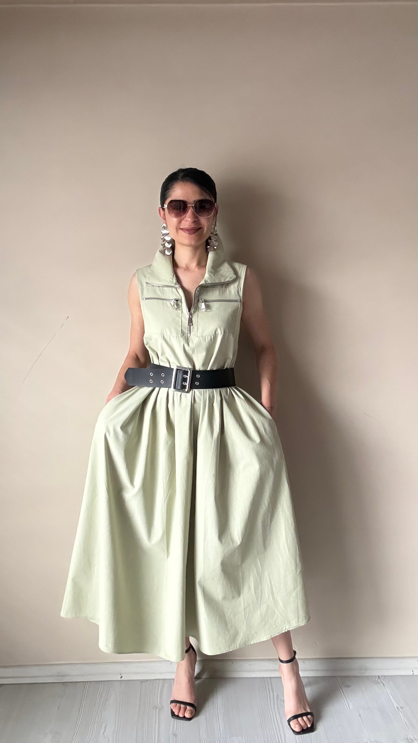 Mint Yeşil Kemerli Pamuklu Poplin Elbise 
