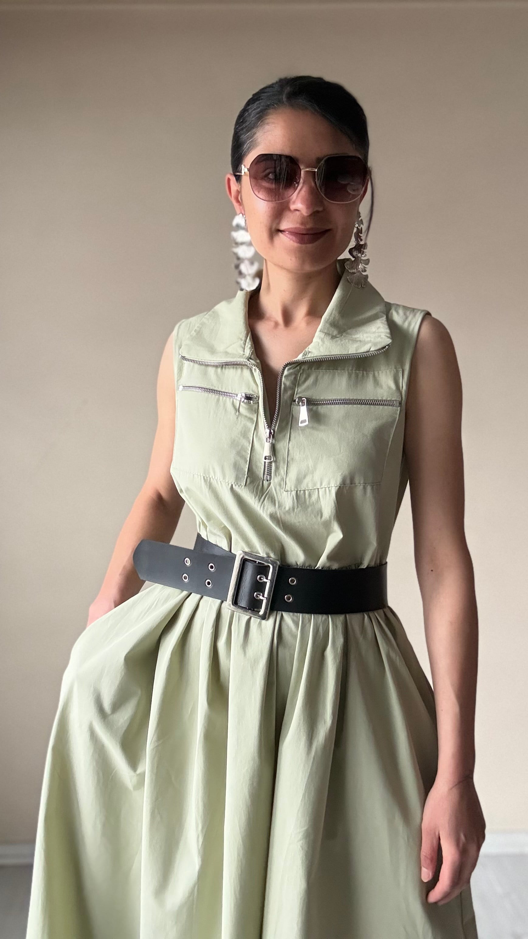 Mint Yeşil Kemerli Pamuklu Poplin Elbise 