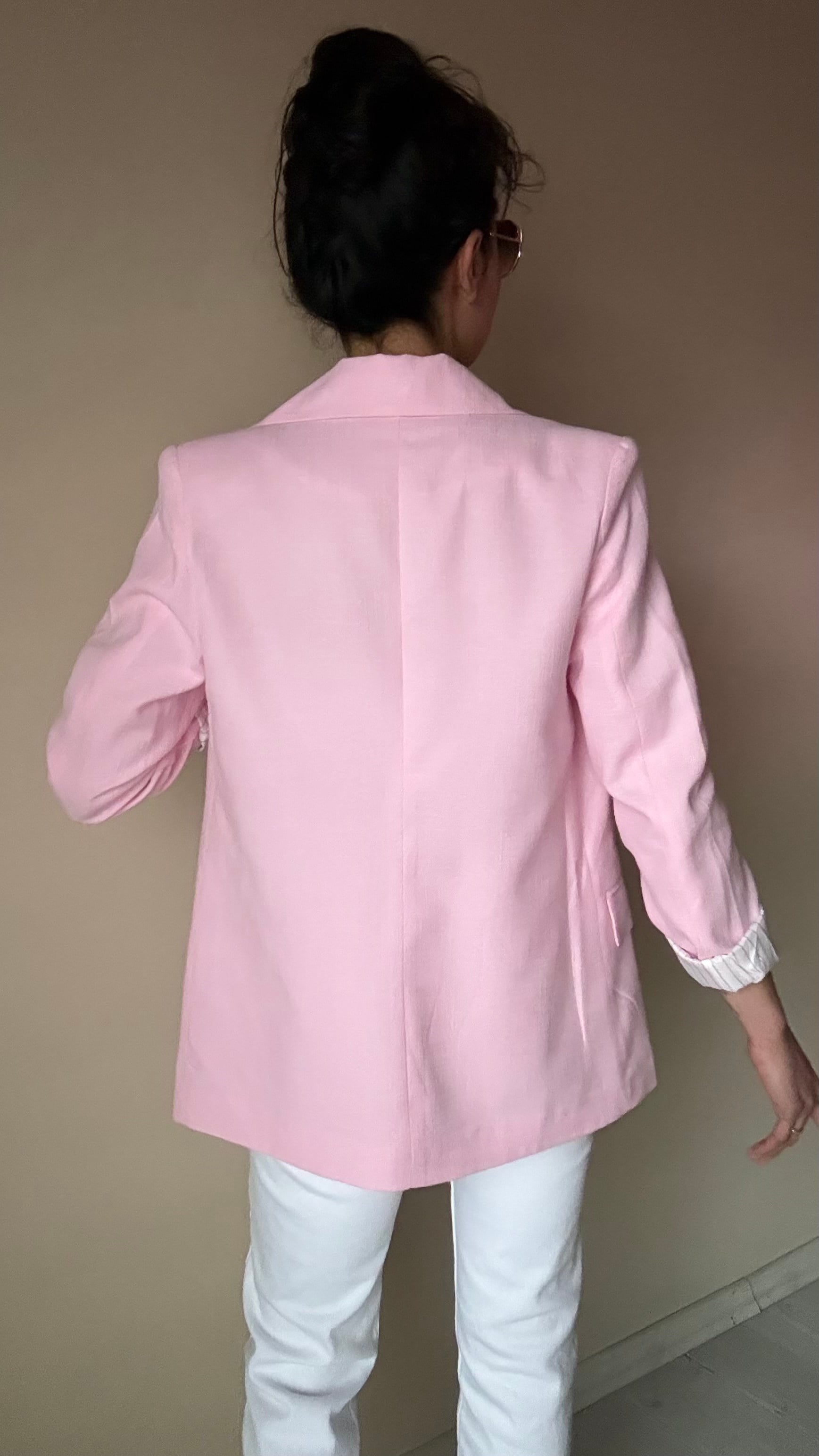 Pembe Keten Çizgi Astar Blazer Ceket 