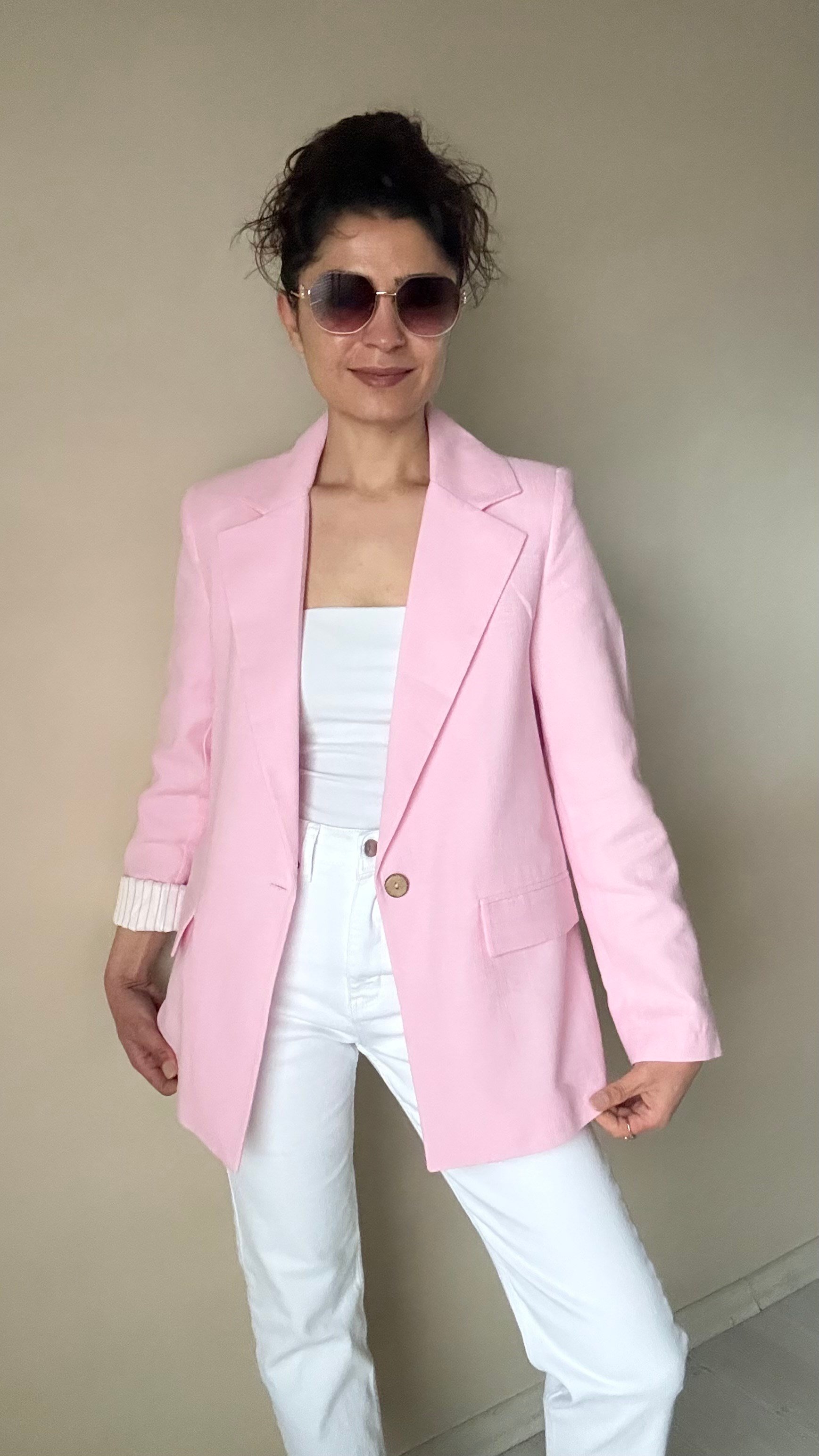 Pembe Keten Çizgi Astar Blazer Ceket 