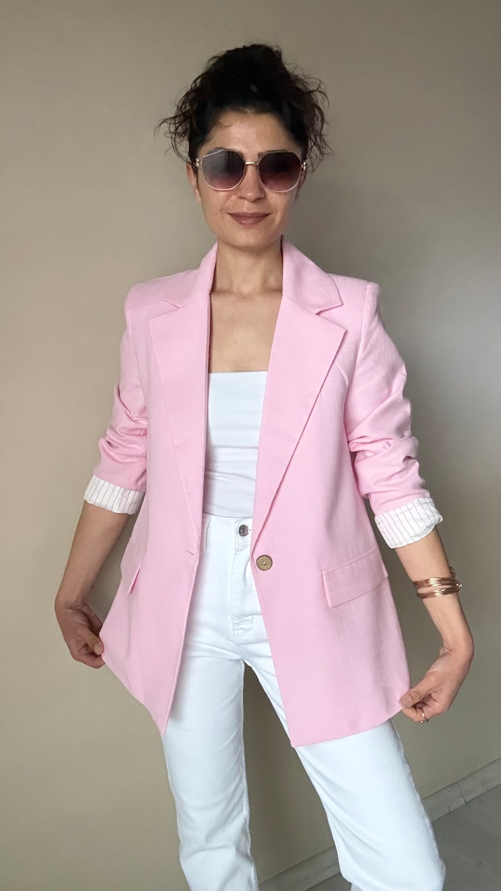 Pembe Keten Çizgi Astar Blazer Ceket 