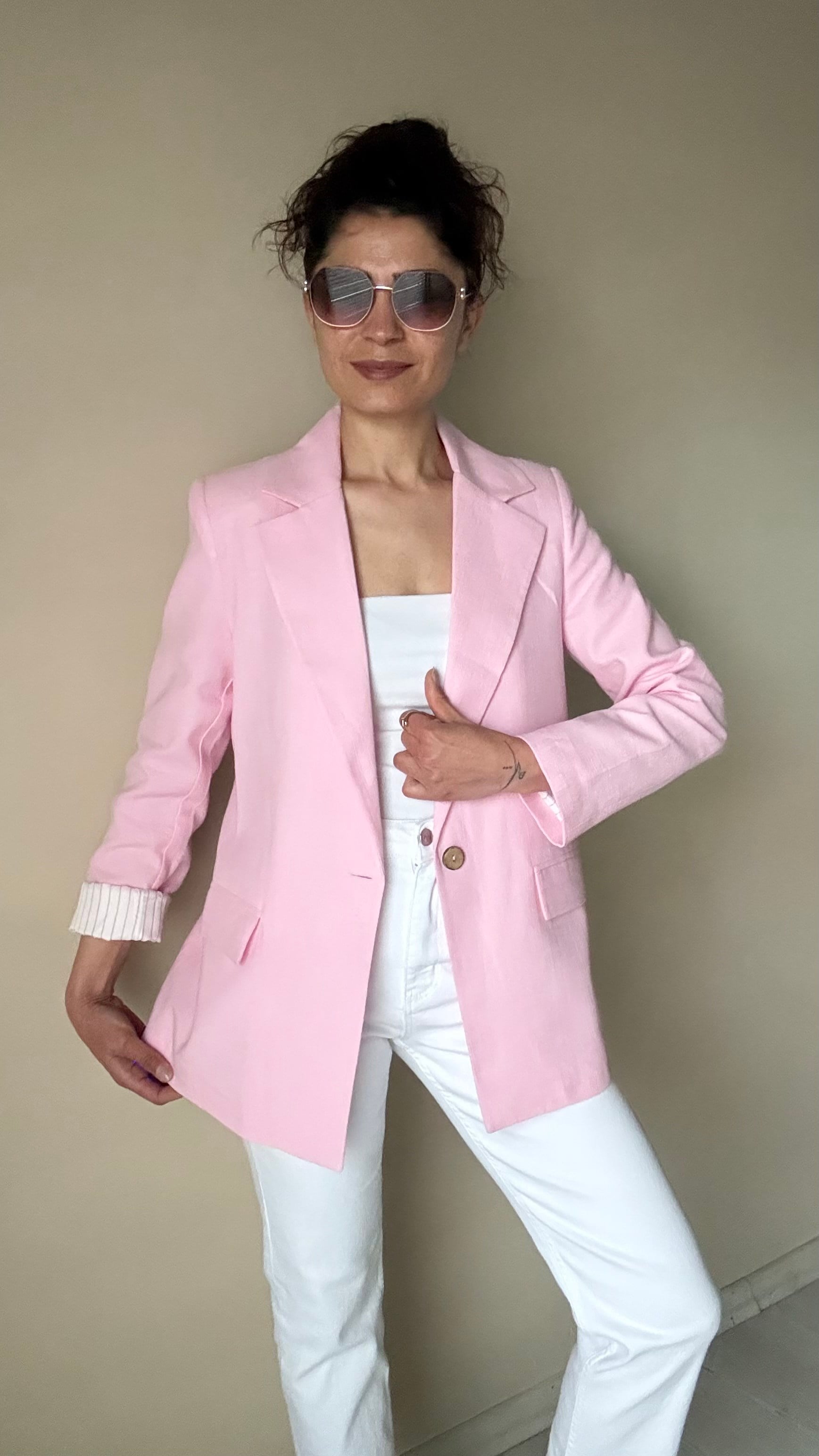 Pembe Keten Çizgi Astar Blazer Ceket 