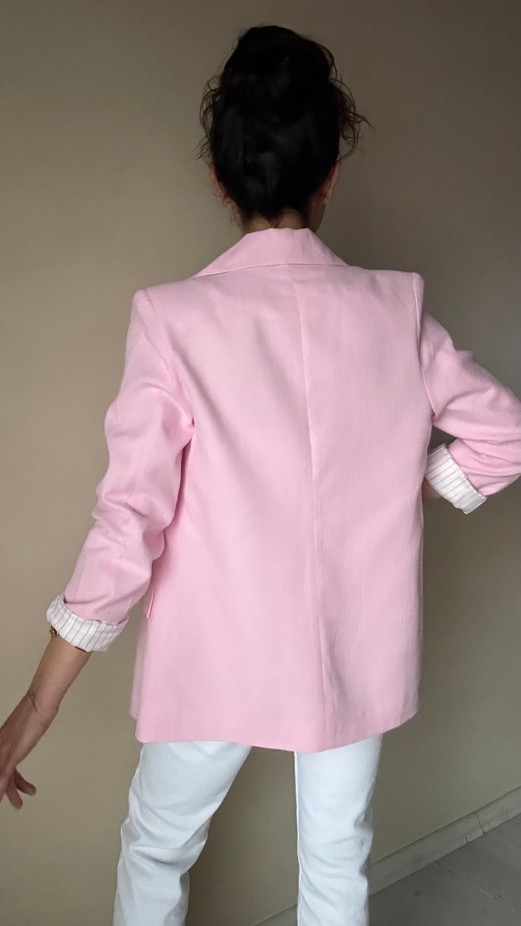Pembe Keten Çizgi Astar Blazer Ceket 