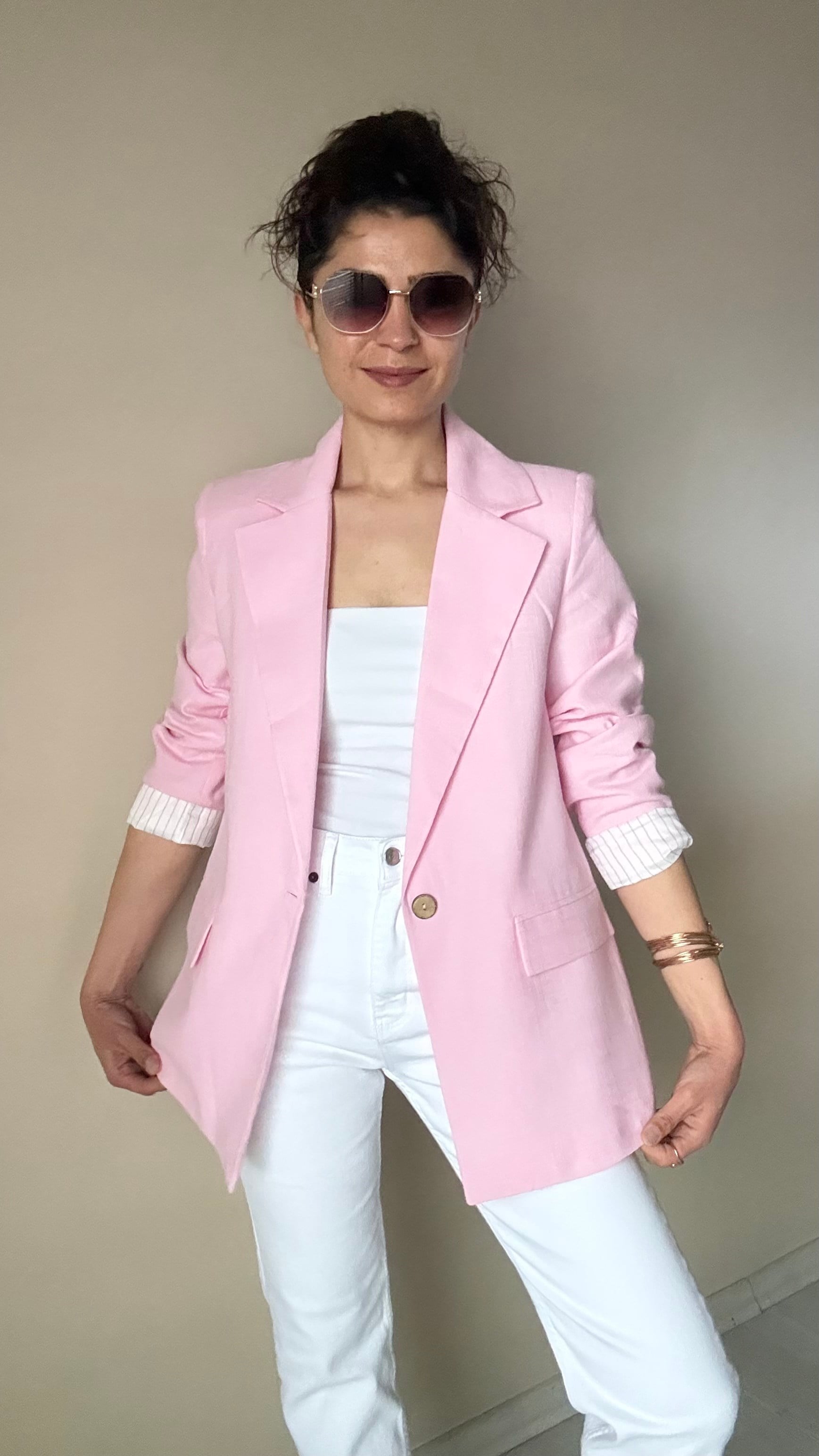 Pembe Keten Çizgi Astar Blazer Ceket 