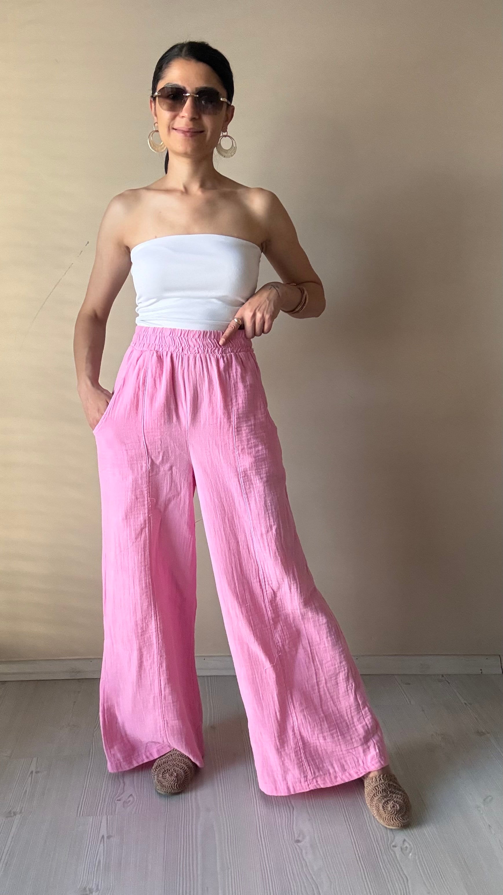 Pembe Müslin Palazzo Pantolon 