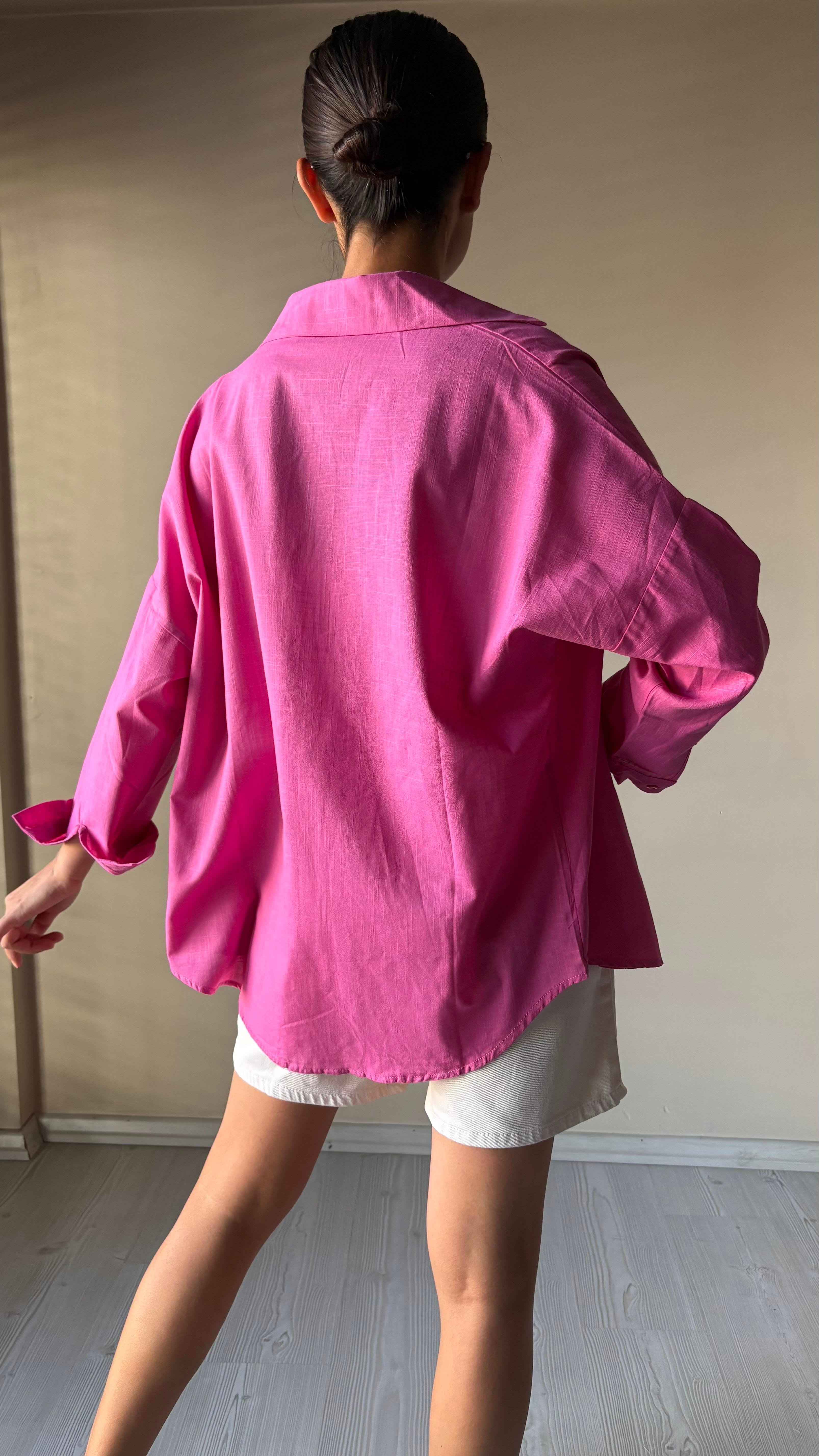 Pembe Oversize Keten Gömlek