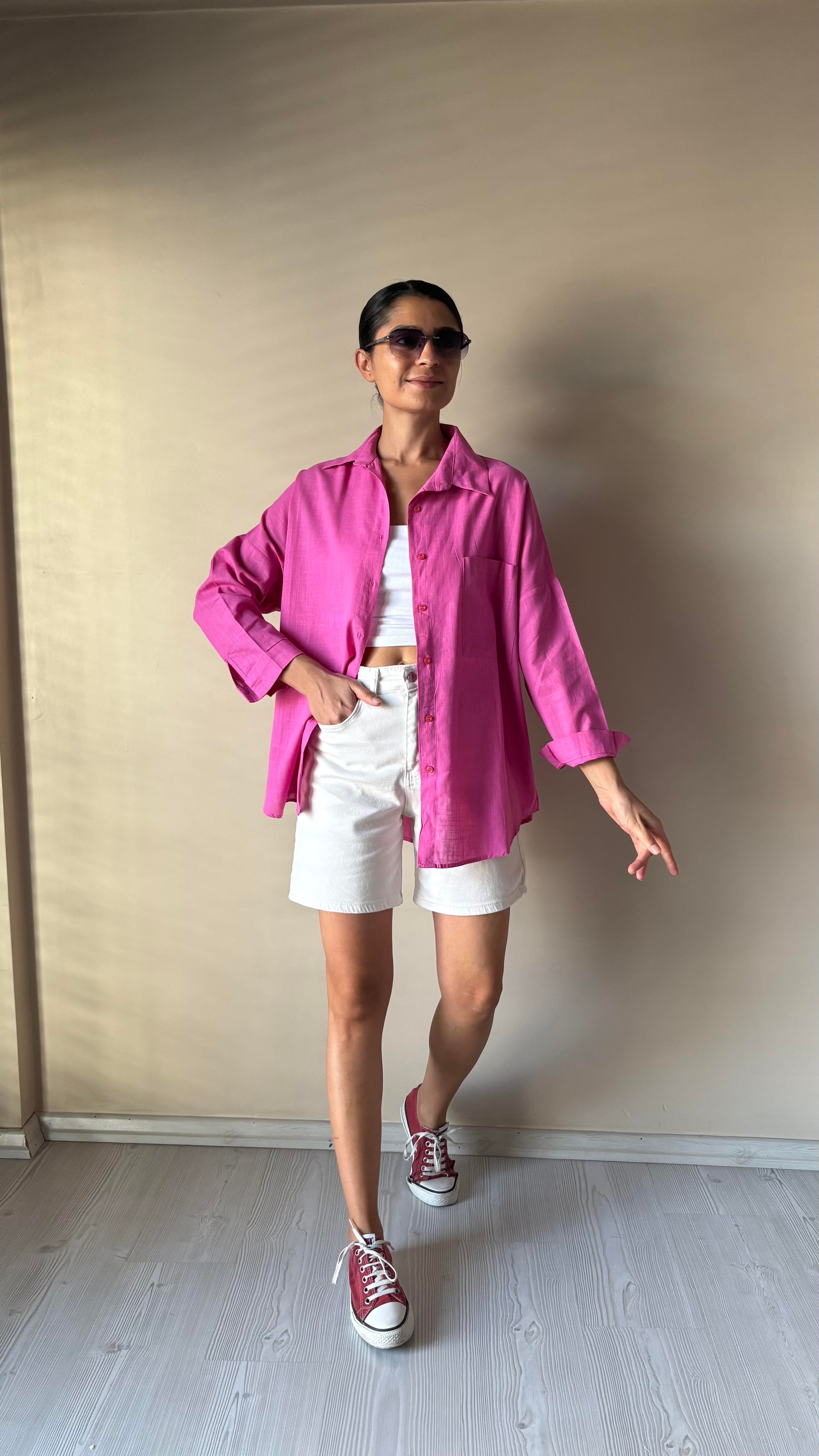 Pembe Oversize Keten Gömlek