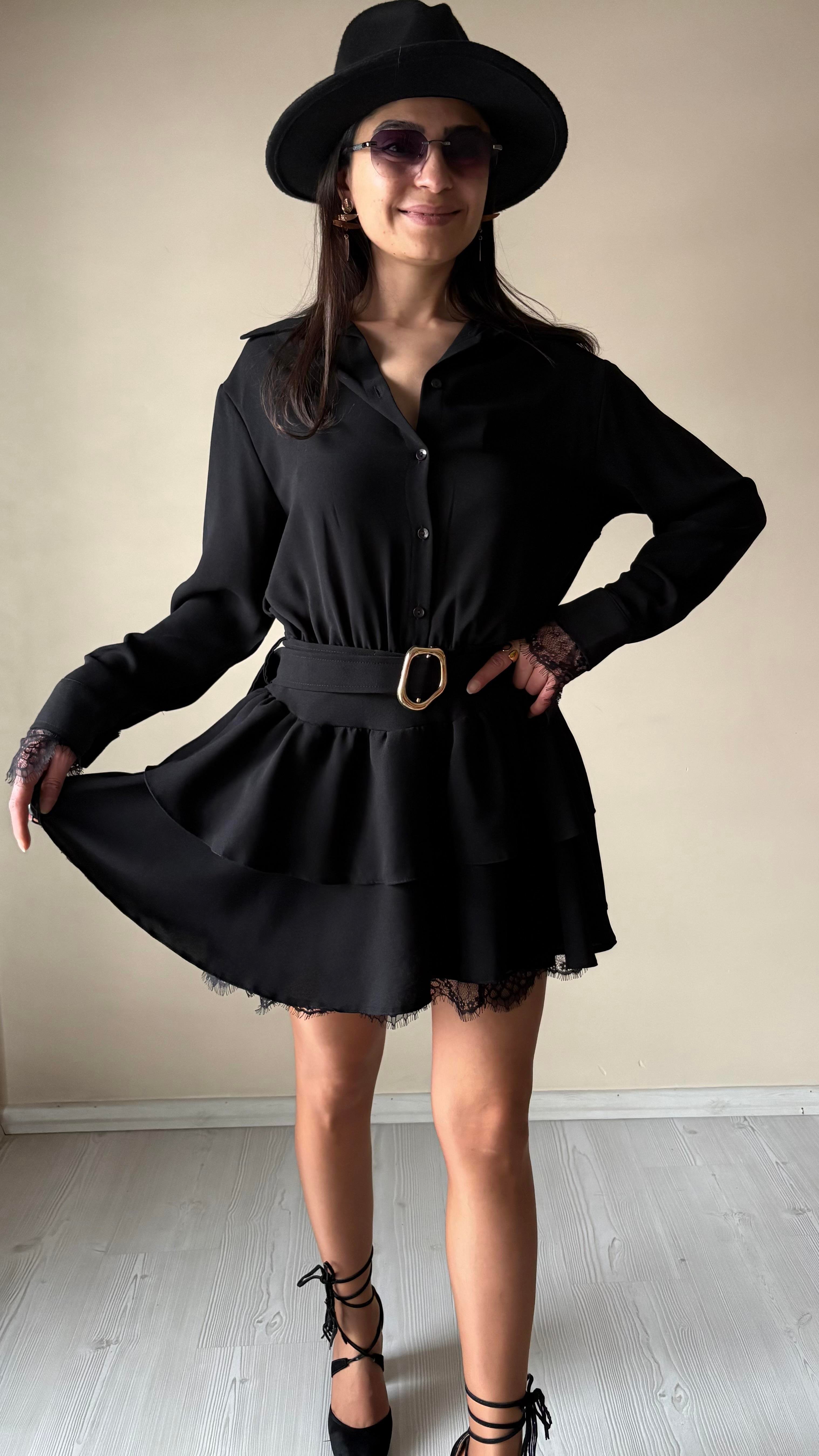 Siyah Dantel Detay Katlı Elbise 