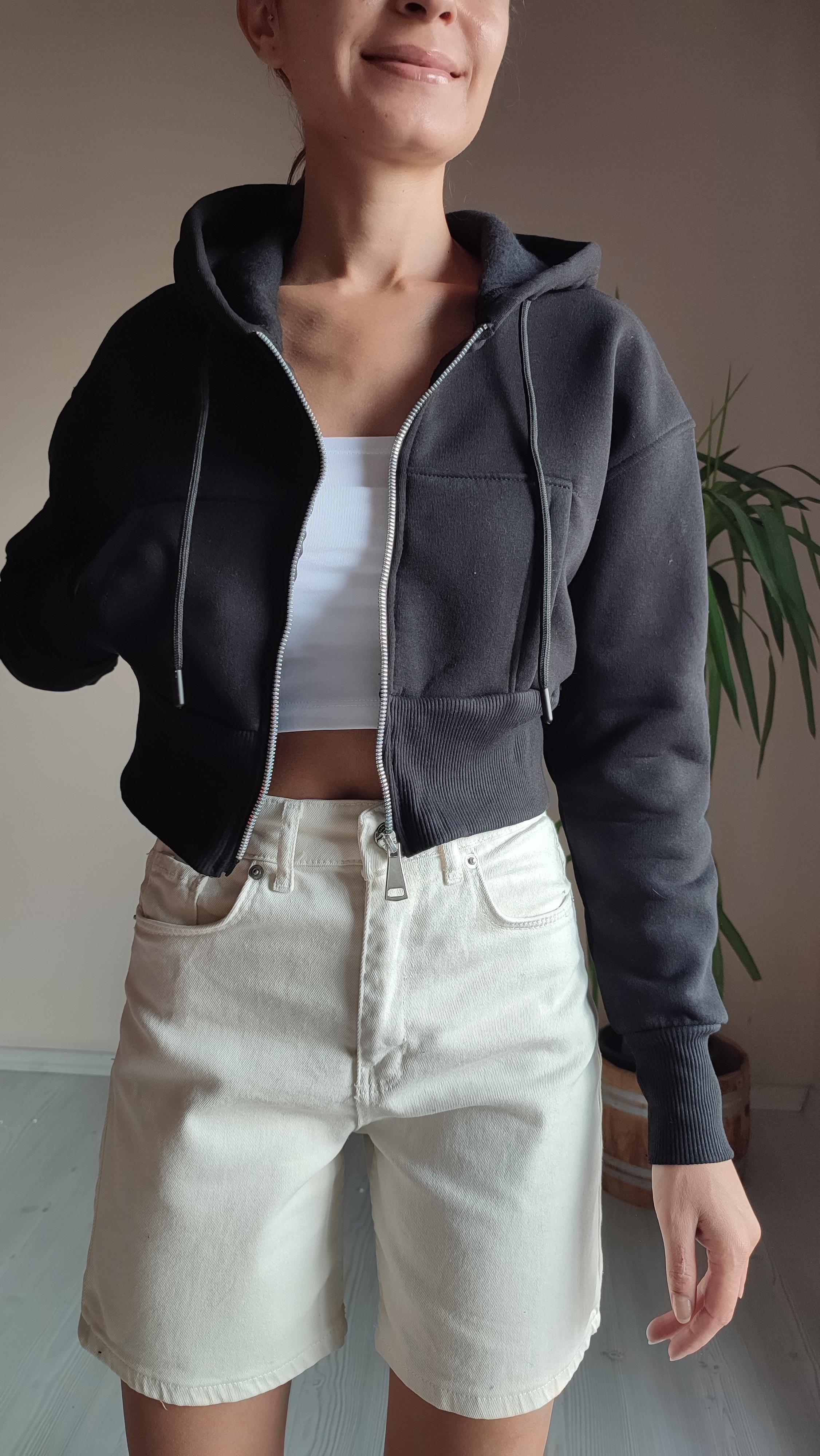 Siyah kapşonlu Üç iplik şardonlu crop sweat Ceket 🔎