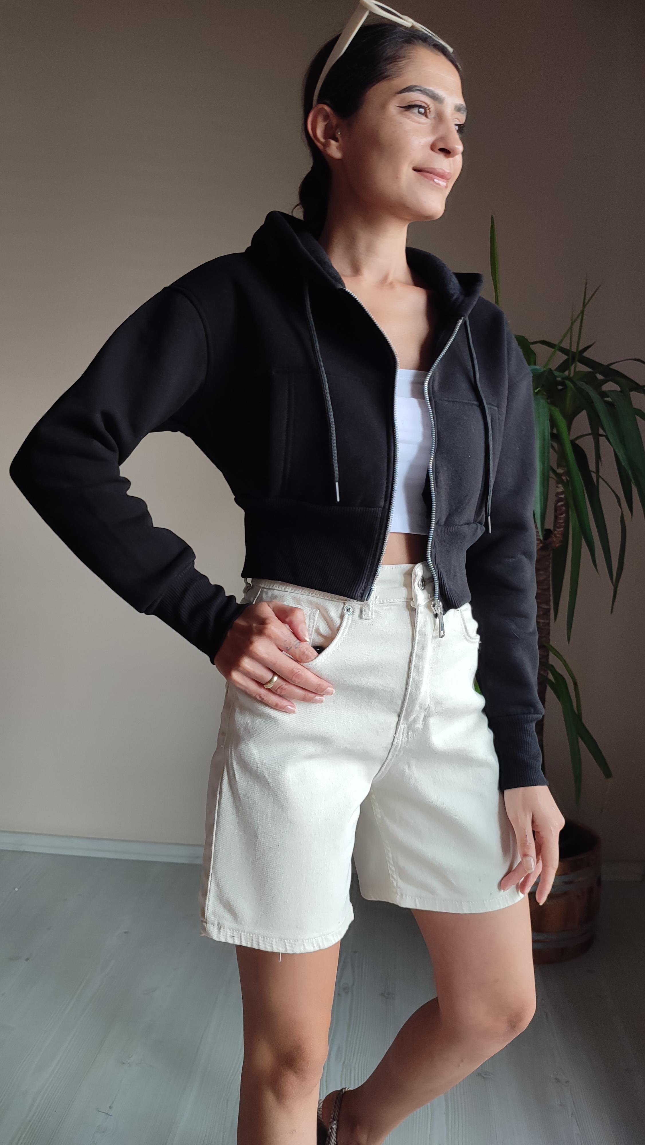 Siyah kapşonlu Üç iplik şardonlu crop sweat Ceket 🔎