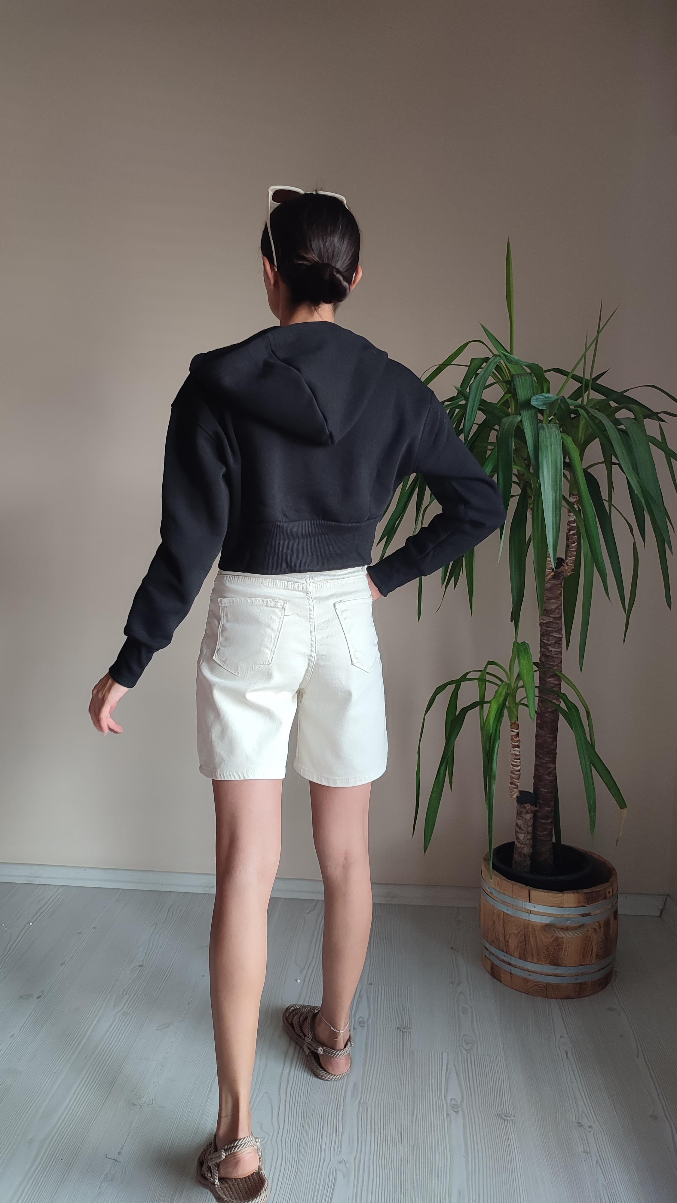 Siyah kapşonlu Üç iplik şardonlu crop sweat Ceket 🔎