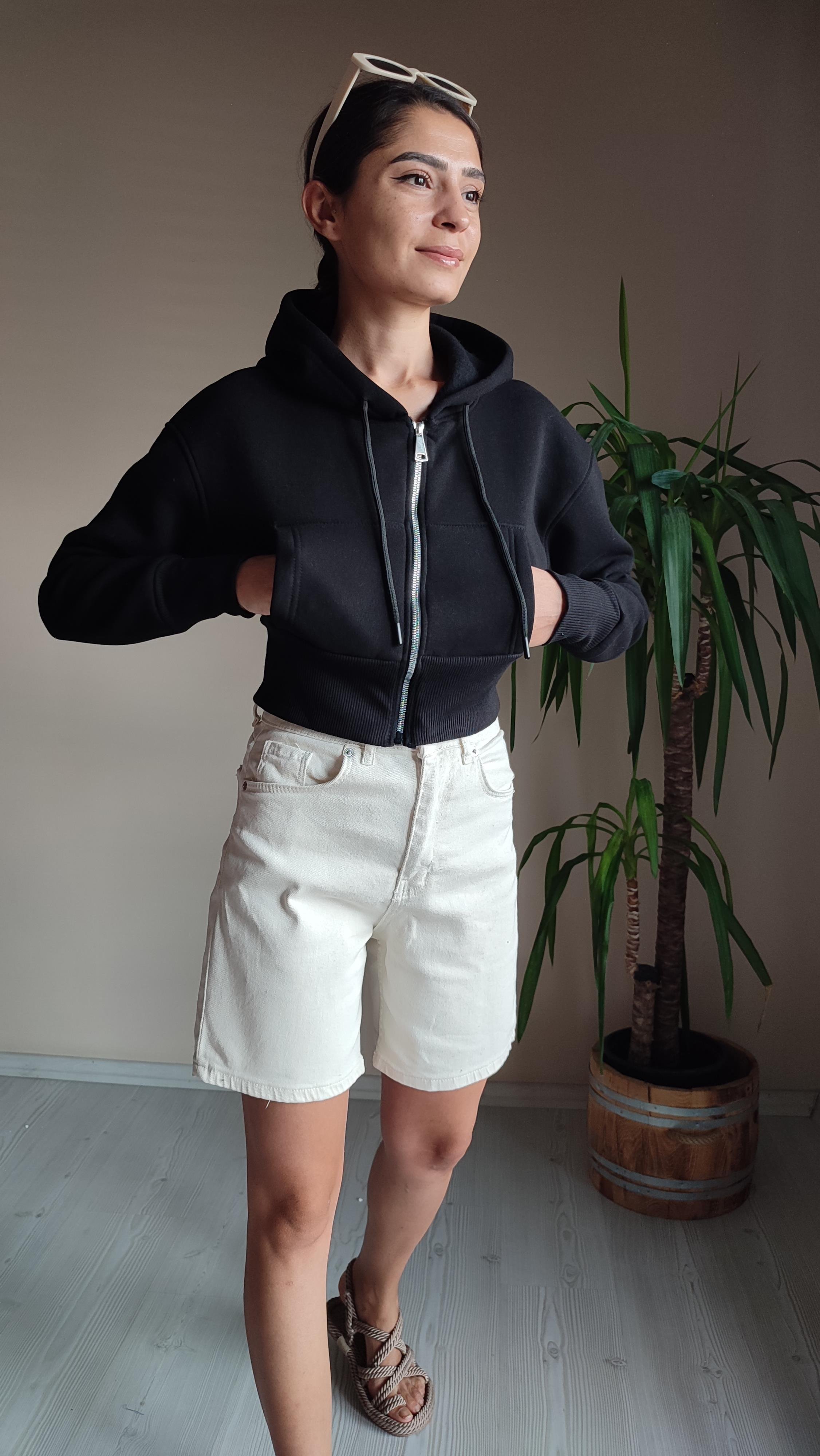 Siyah kapşonlu Üç iplik şardonlu crop sweat Ceket 🔎