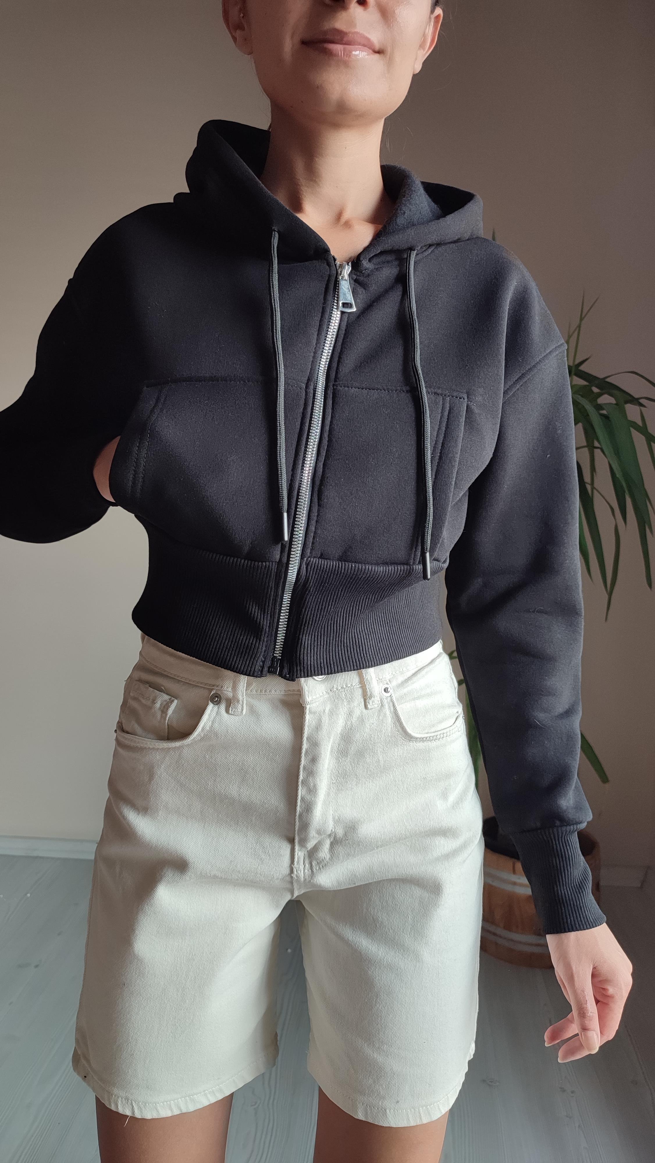 Siyah kapşonlu Üç iplik şardonlu crop sweat Ceket 🔎