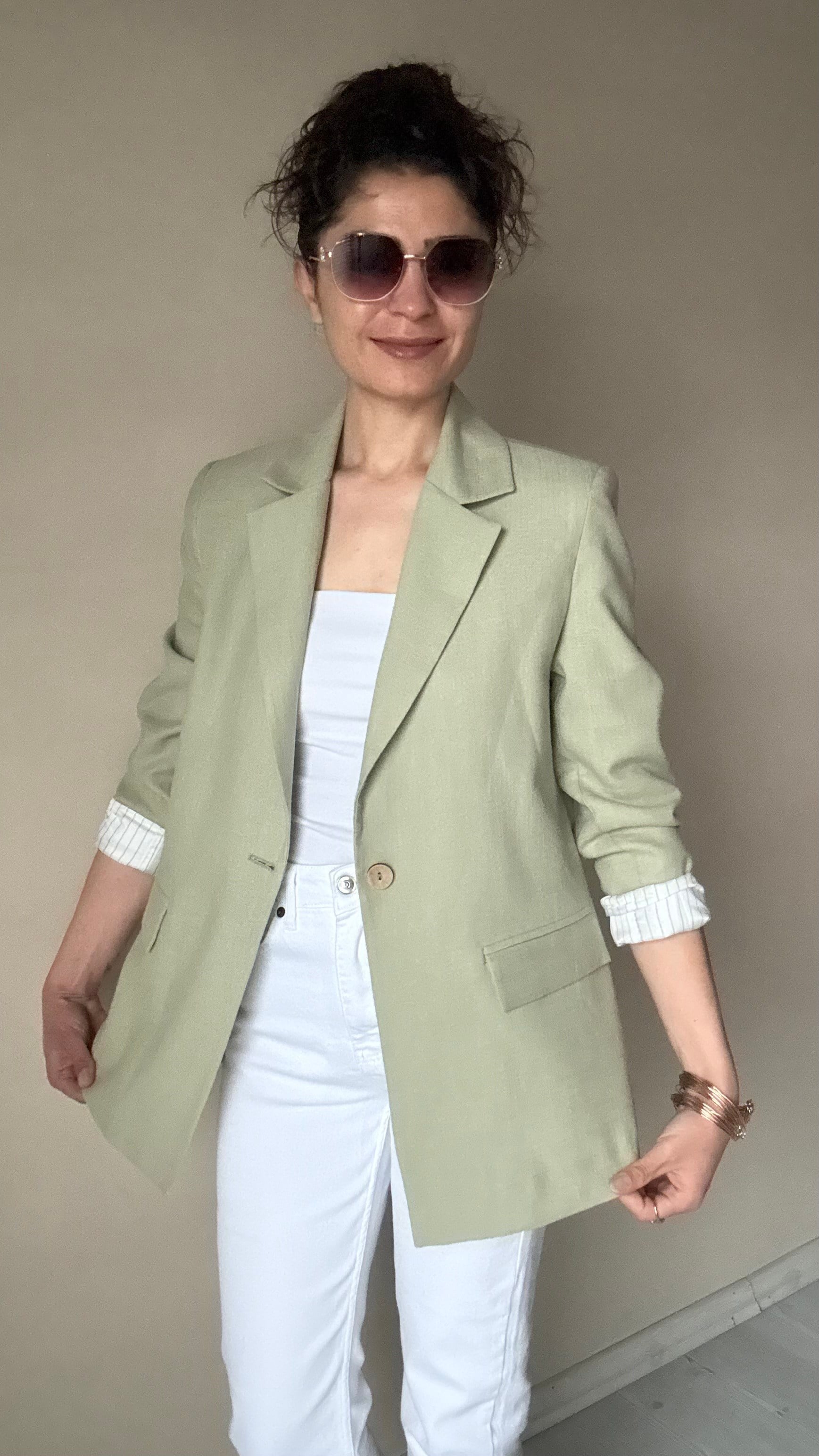 Yaşil Keten Çizgi Astar Blazer Ceket