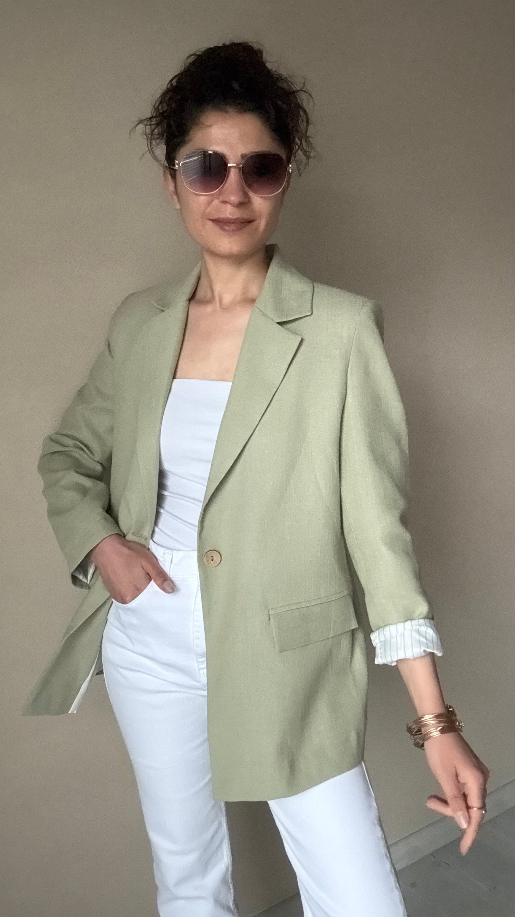 Yaşil Keten Çizgi Astar Blazer Ceket