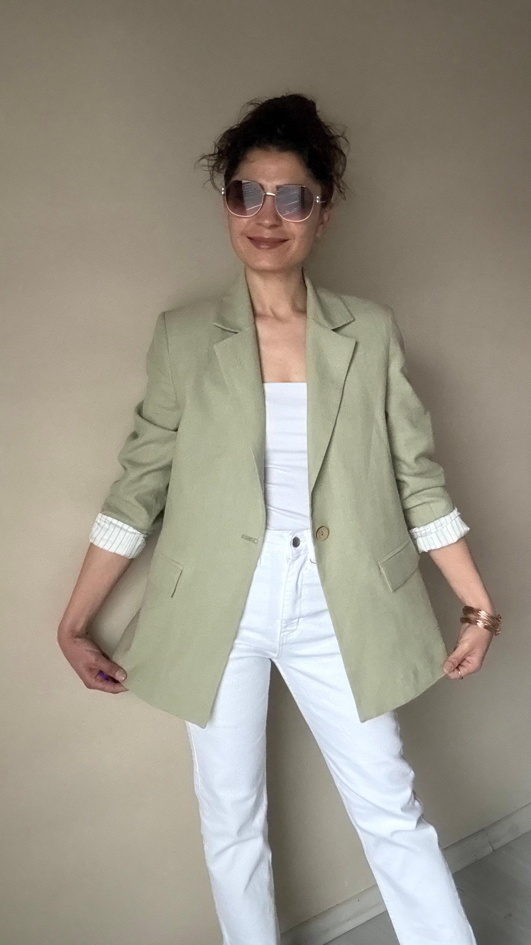 Yaşil Keten Çizgi Astar Blazer Ceket