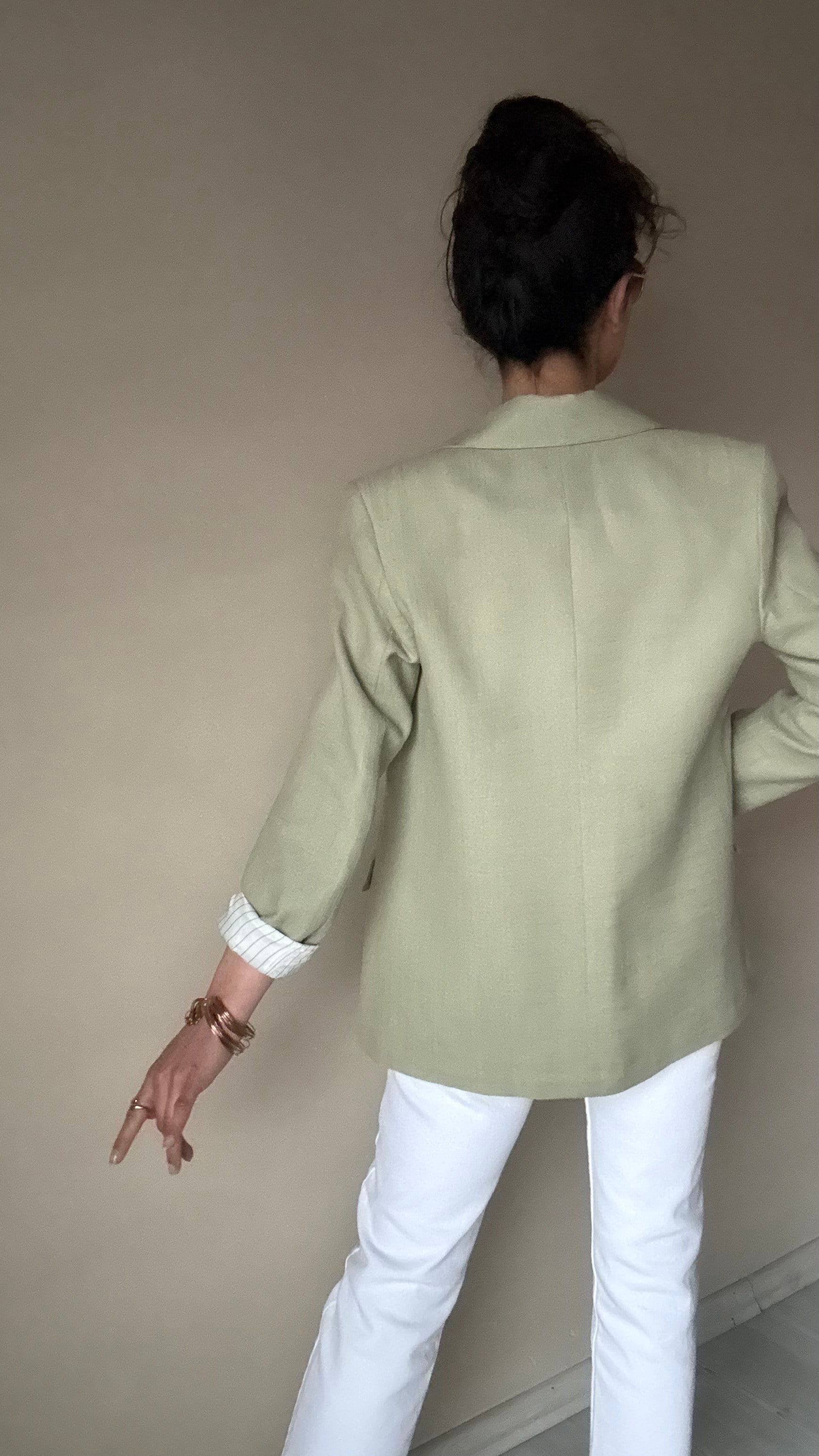 Yaşil Keten Çizgi Astar Blazer Ceket